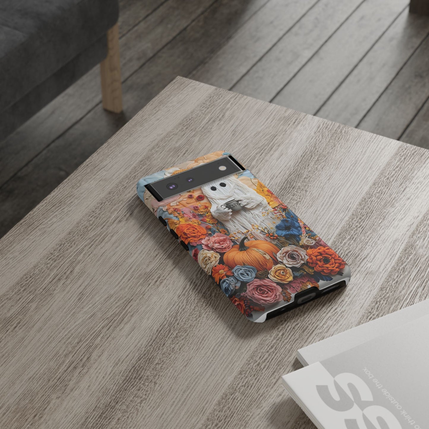 Colorful Whimsical Artwork of Ghost in Autumn Scene phone case design.