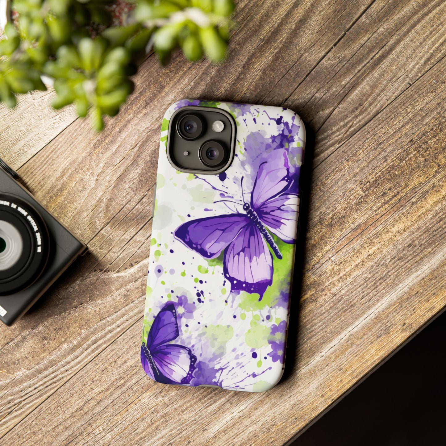Vibrant Purple Butterfly Splash Mobile Cover – Artistic Green & Violet Aesthetic