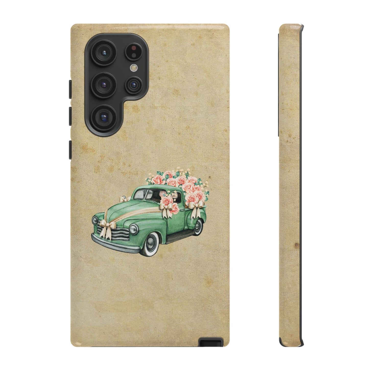 Minimal Vintage Floral Car Phone Case – Green Classic Car on Beige Background – for iPhone, Samsung & Google Pixel