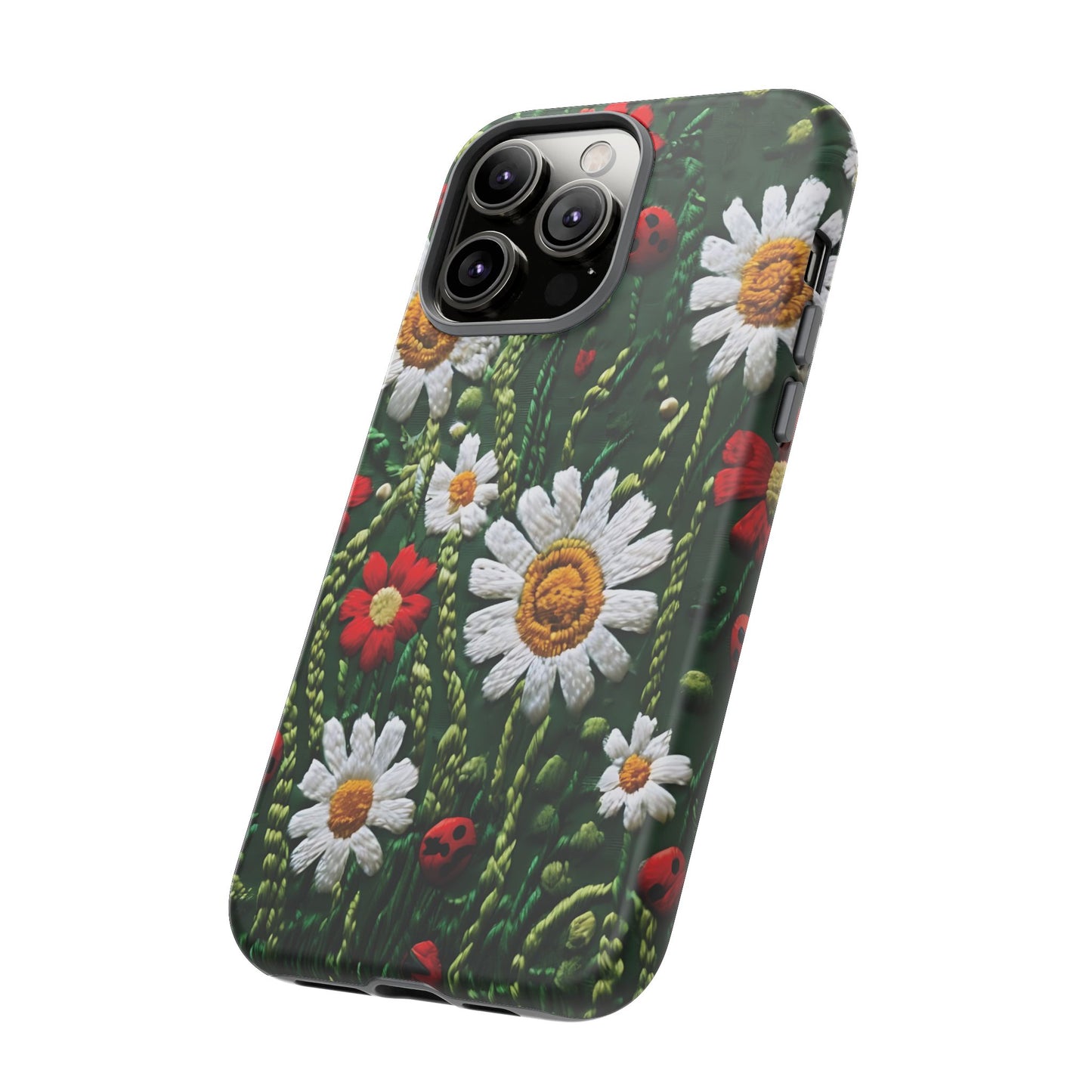 Intricate Embroidered Fabric Featuring Daisies And Ladybugs phone case design