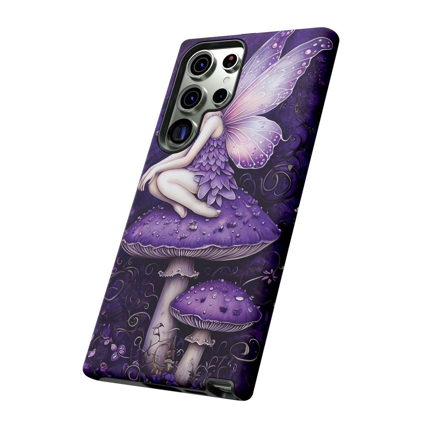Whimsical Fairy Seated On Purple Mushroom In Enchanting Scene phone case design.