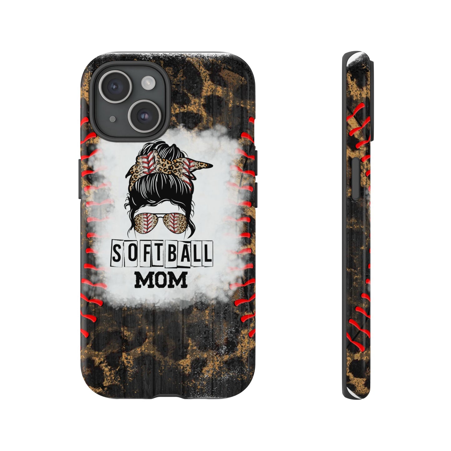 Softball Mom Phone Case for iPhone, Samsung & Google Pixel, Messy Bun Phone Case, Leopard Print Phone Case, Sports Lover Gift