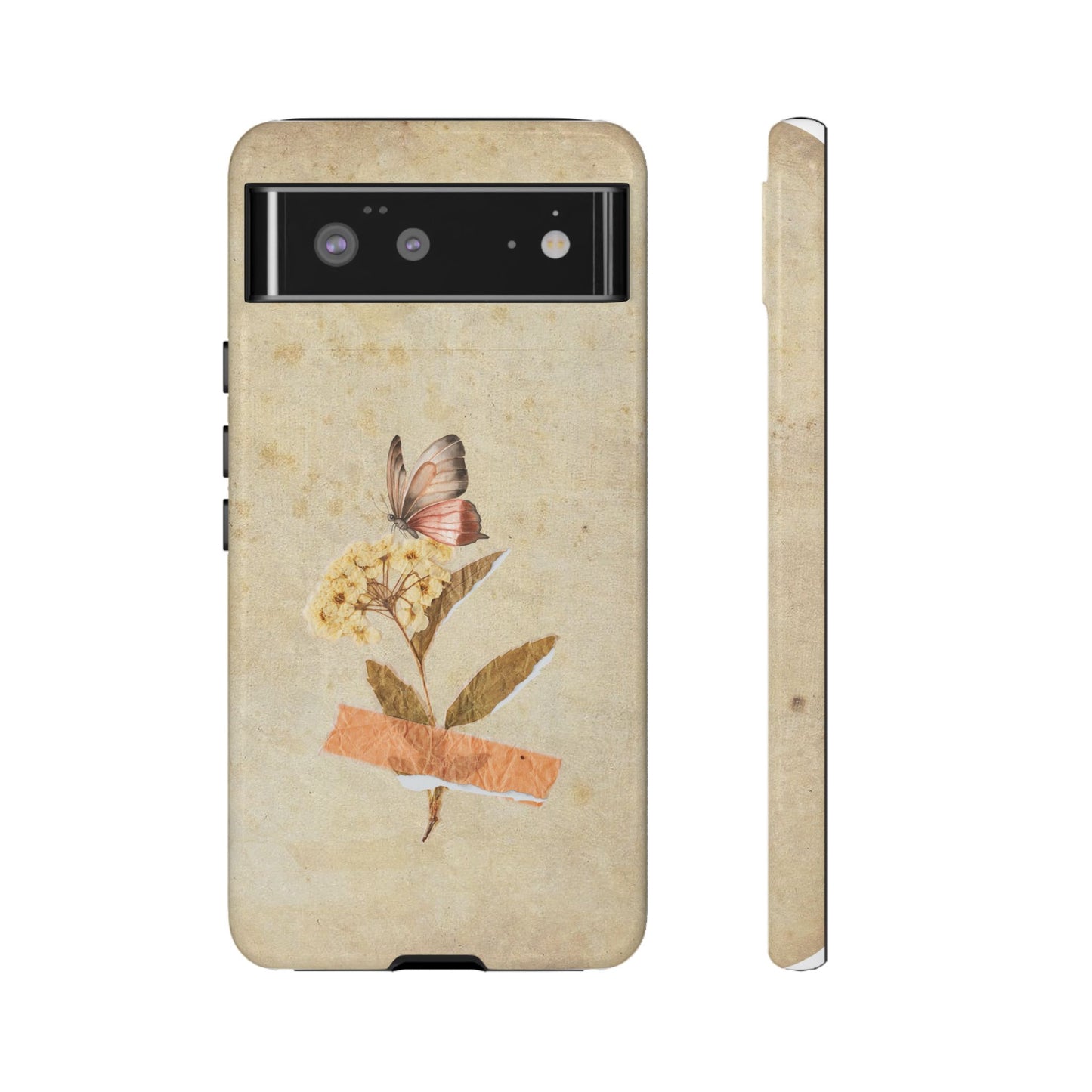 Minimal Vintage Floral Phone Case – Yellow Flower & Butterfly on Beige | For iPhone, Samsung & Google Pixel