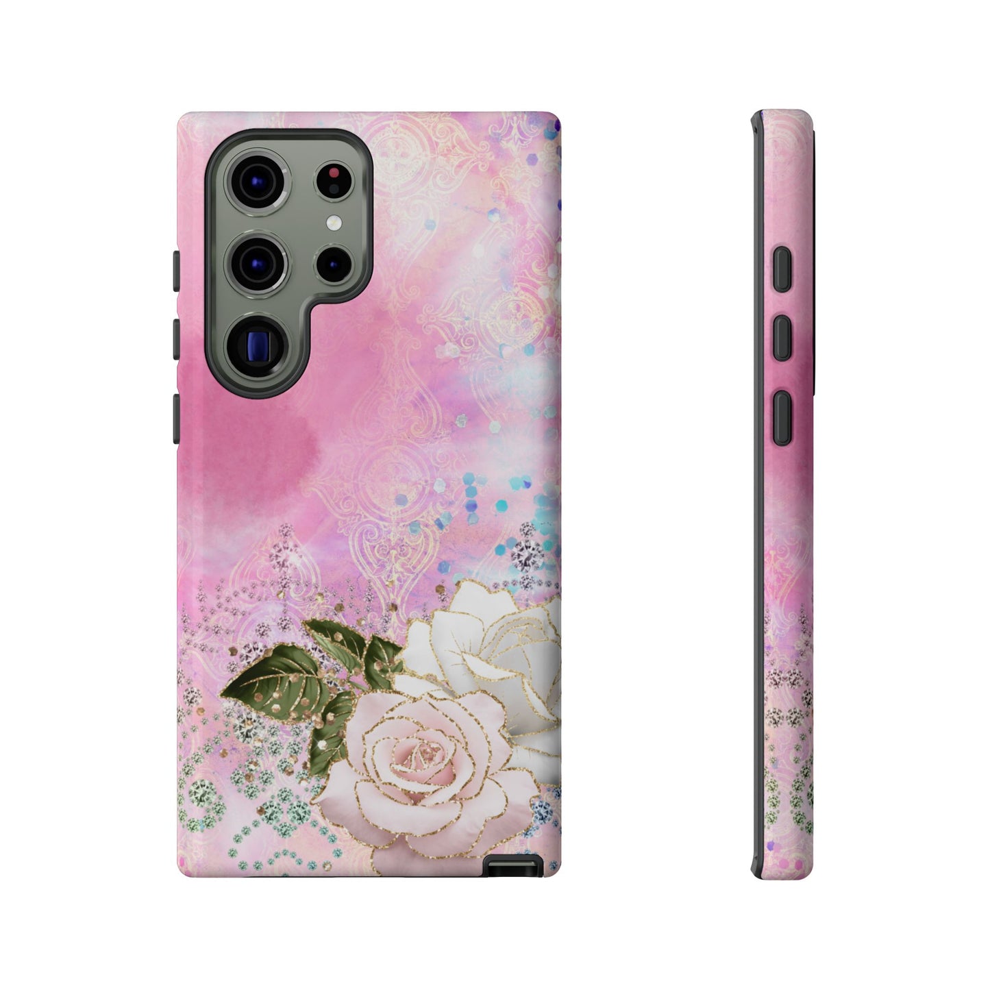 Luxury Pink & White Rose Glitter Mobile Case – Elegant & Shimmering Design