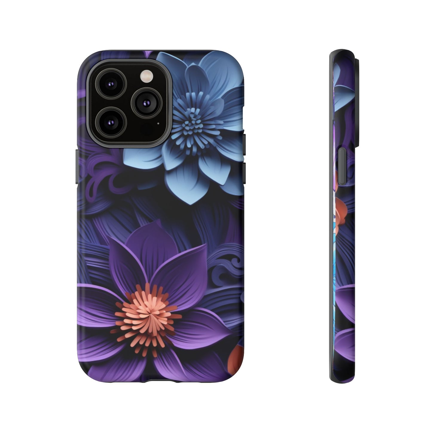 3D Floral Elegance Mobile Case – Midnight Blue & Purple Bloom