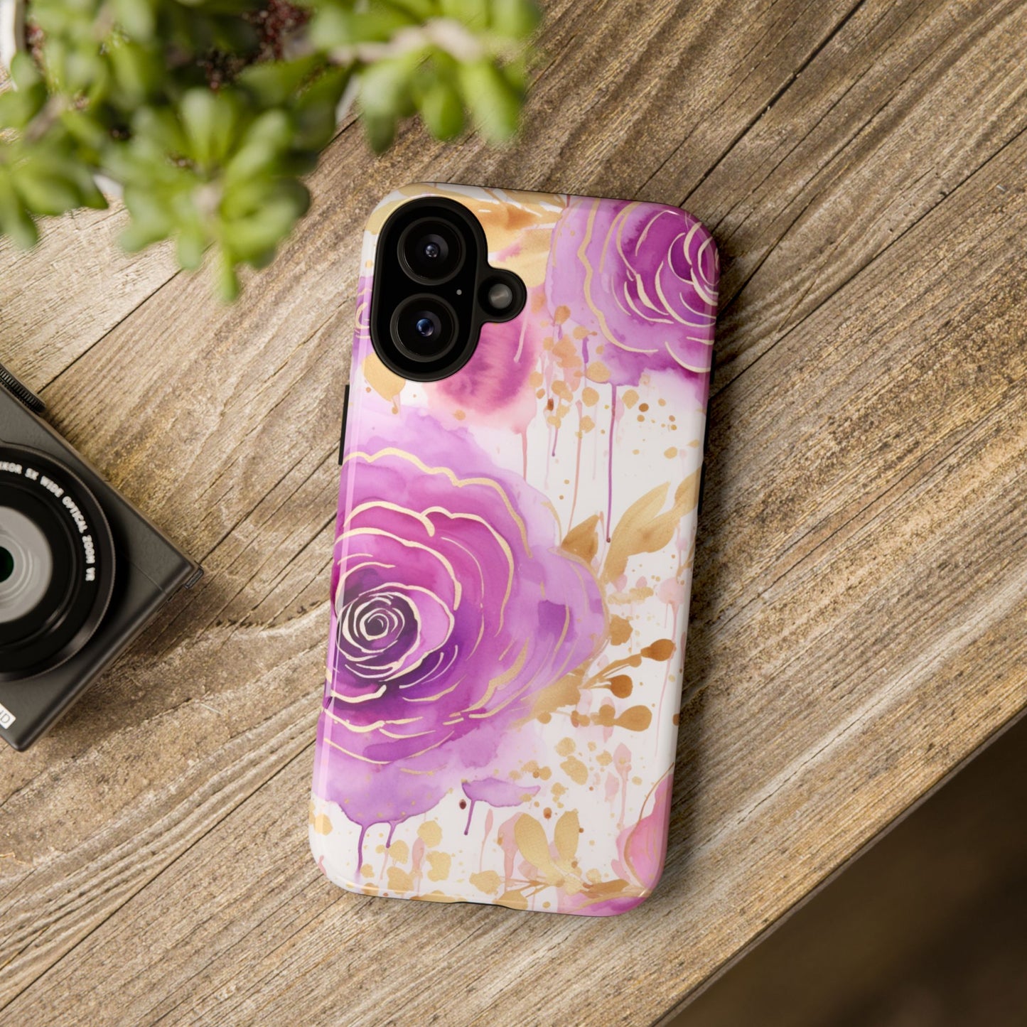 Elegant Purple-Gold Watercolor Rose Mobile Case