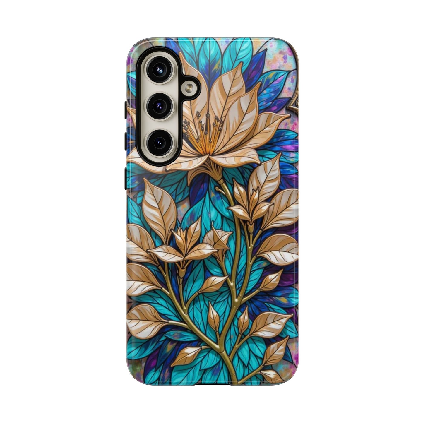 Majestic Golden Blossoms on Mosaic Blue Splendor