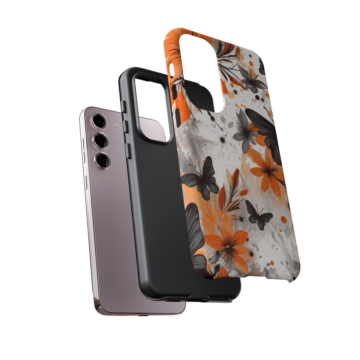 Bold Butterfly & Floral Splash Mobile Cover – Black & Orange Aesthetic