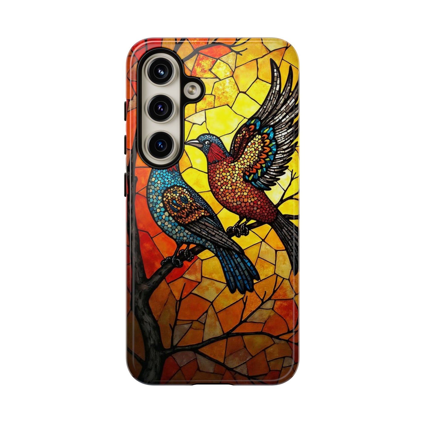 Vibrant Hummingbirds with Stained Glass Charm