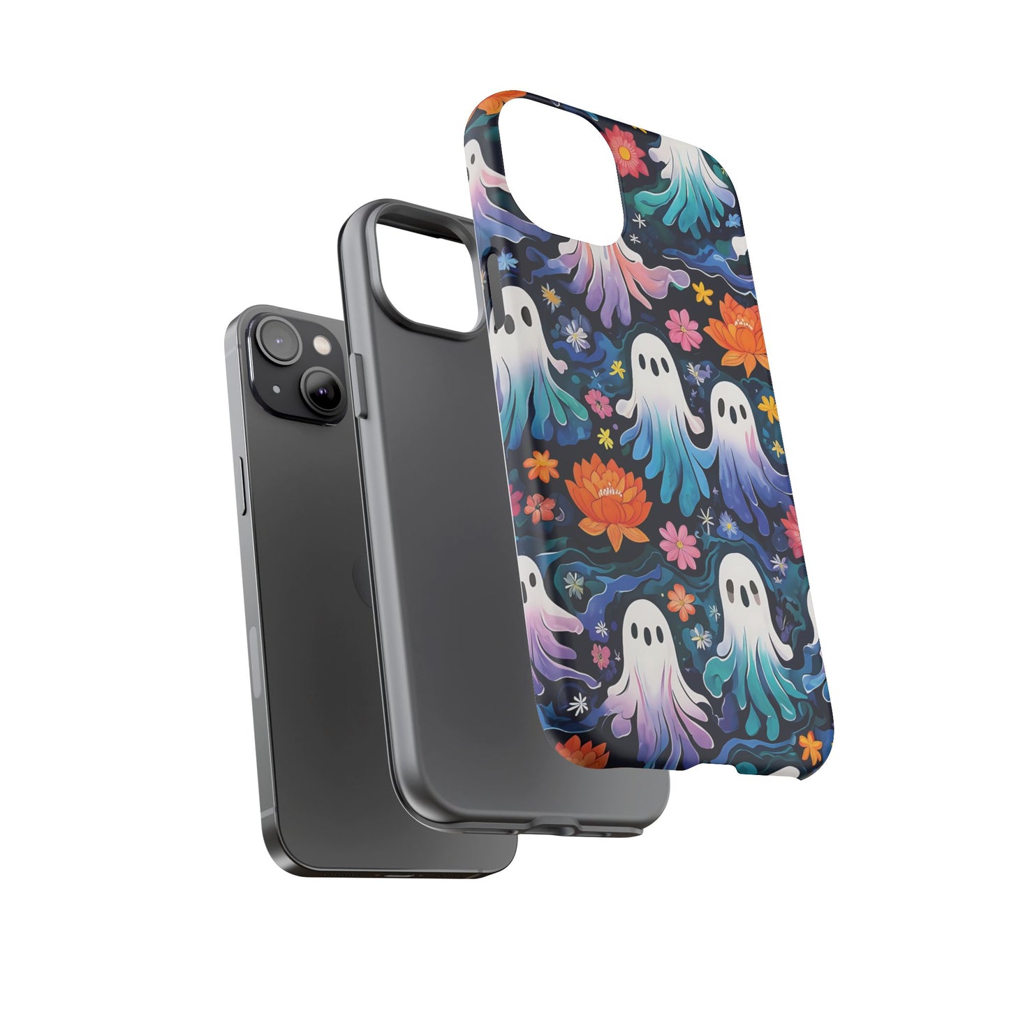Whimsical Pattern Of Ghosts And Colorful Flowers phone case design.