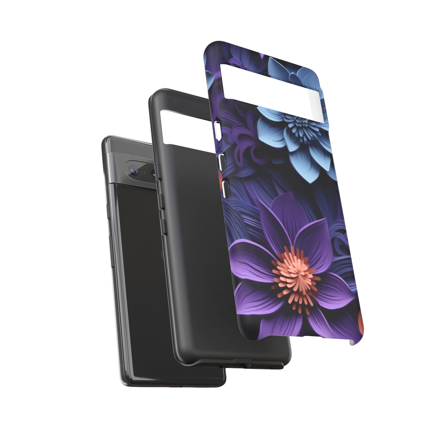 3D Floral Elegance Mobile Case – Midnight Blue & Purple Bloom