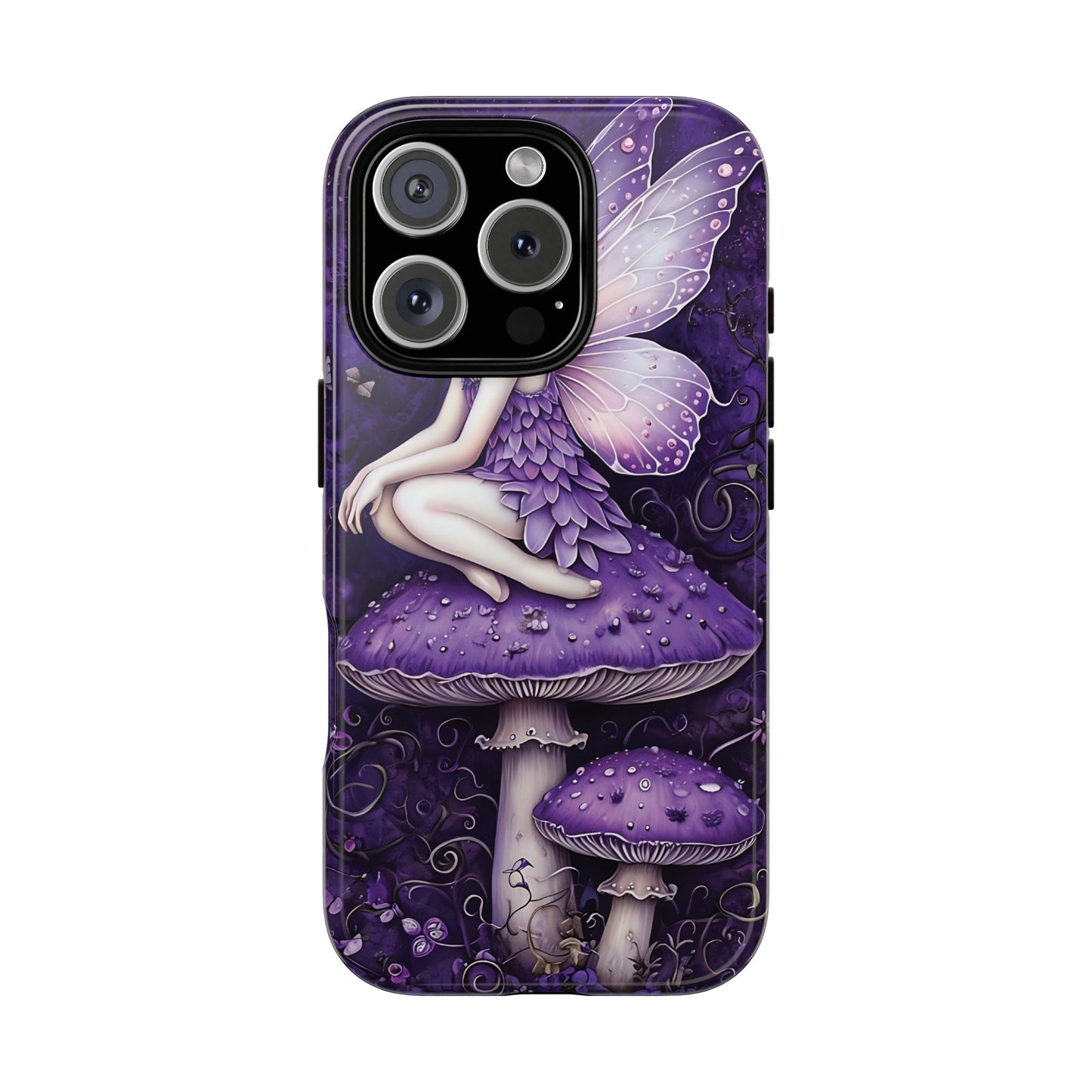 Whimsical Fairy Seated On Purple Mushroom In Enchanting Scene phone case design.