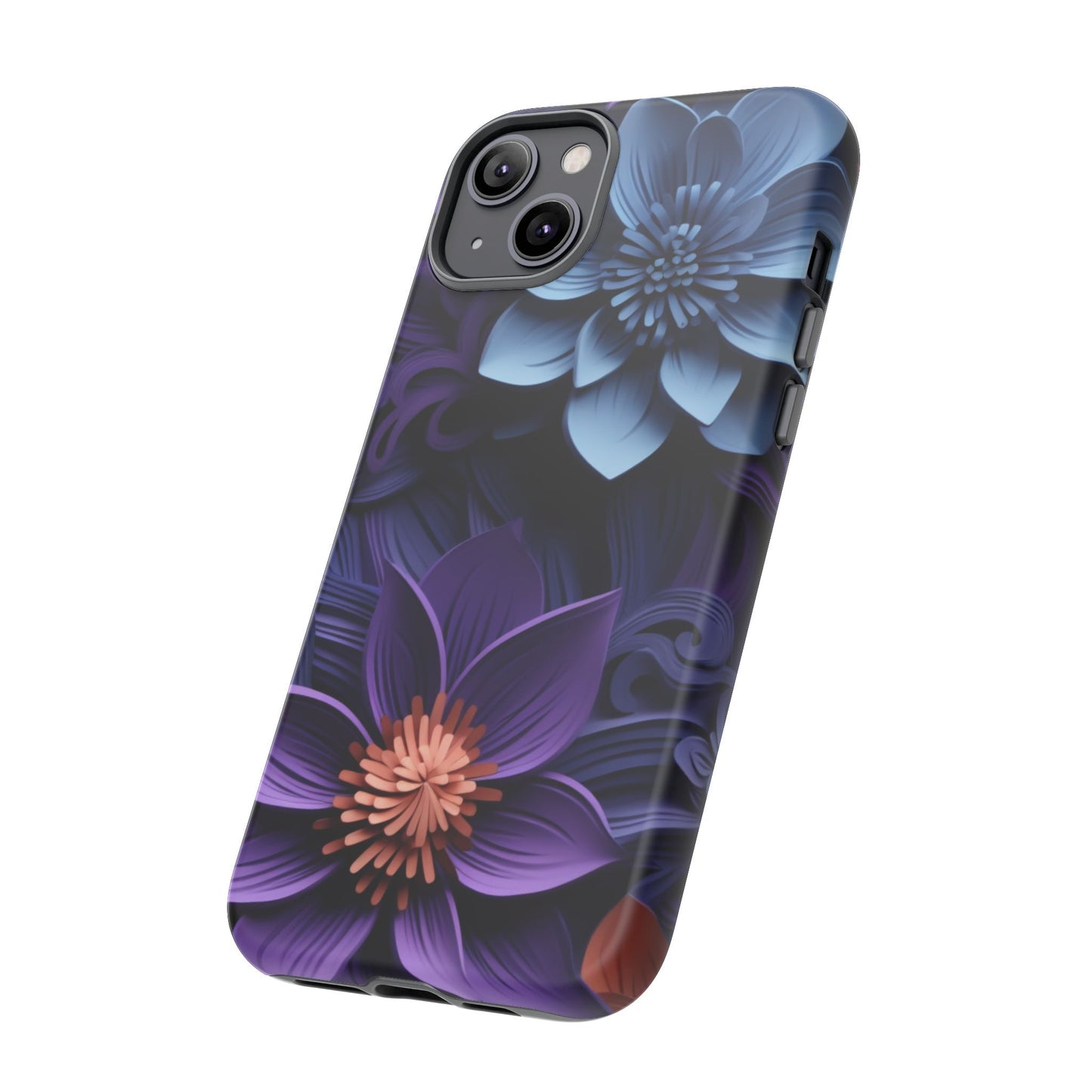 3D Floral Elegance Mobile Case – Midnight Blue & Purple Bloom