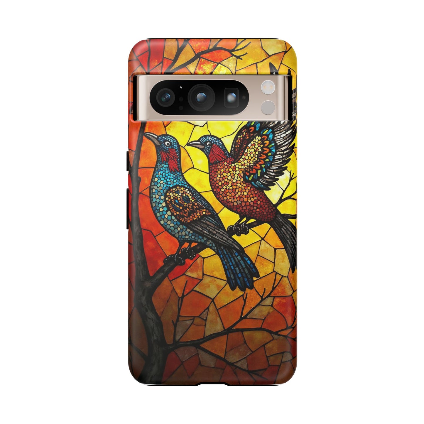 Vibrant Hummingbirds with Stained Glass Charm