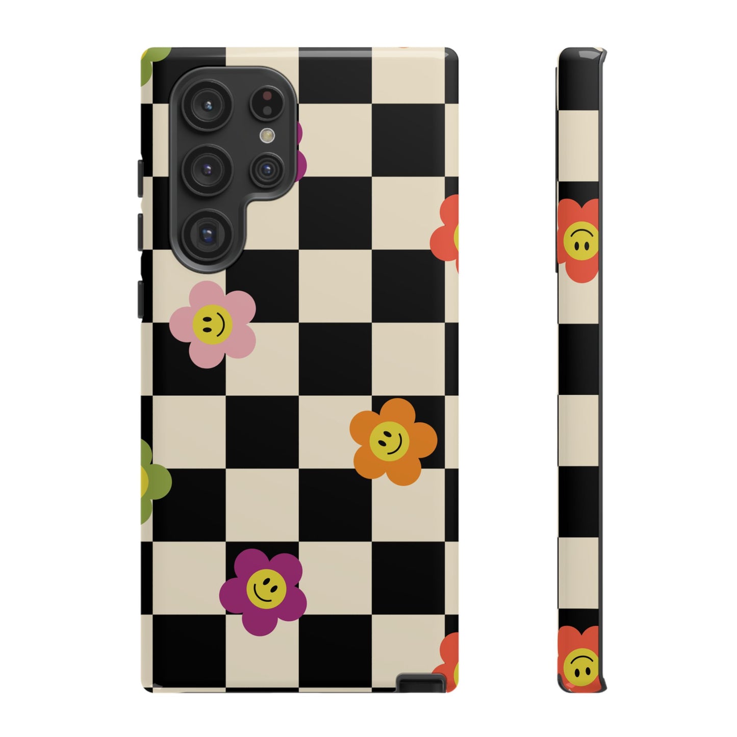 Retro Floral Phone Case – Vintage Flowers on Black & Beige Tiles, Chess Phone Case | For iPhone, Samsung & Google Pixel