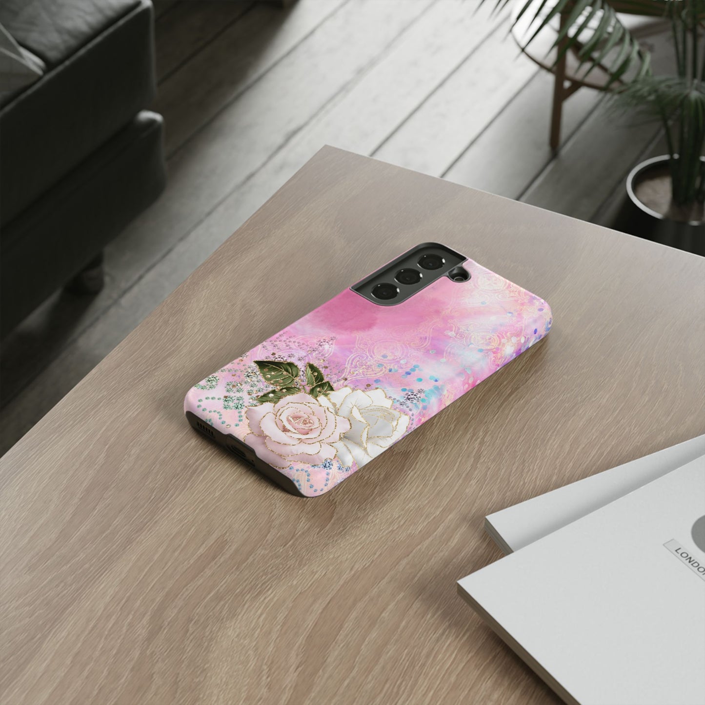 Luxury Pink & White Rose Glitter Mobile Case – Elegant & Shimmering Design