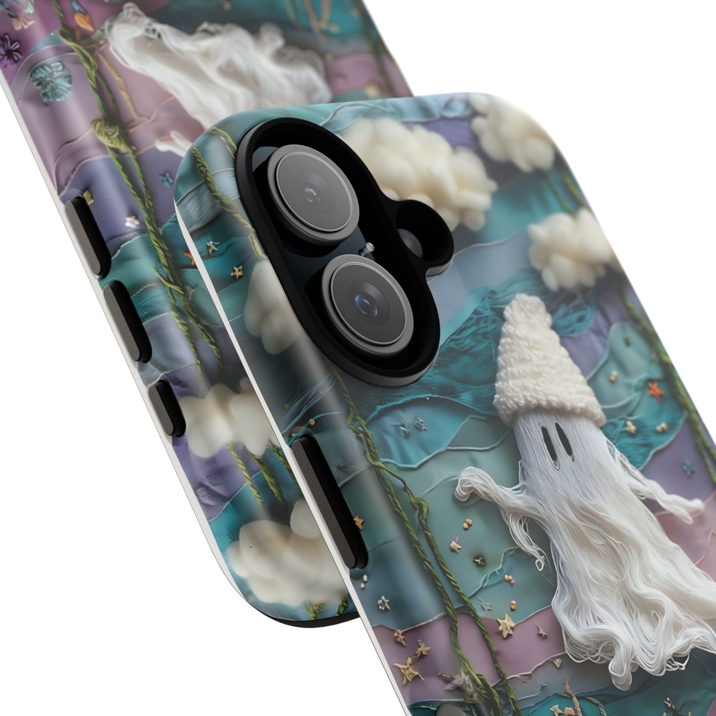 Whimsical Ghost Surrounded By Vibrant Embroidered Flowers phone case design.