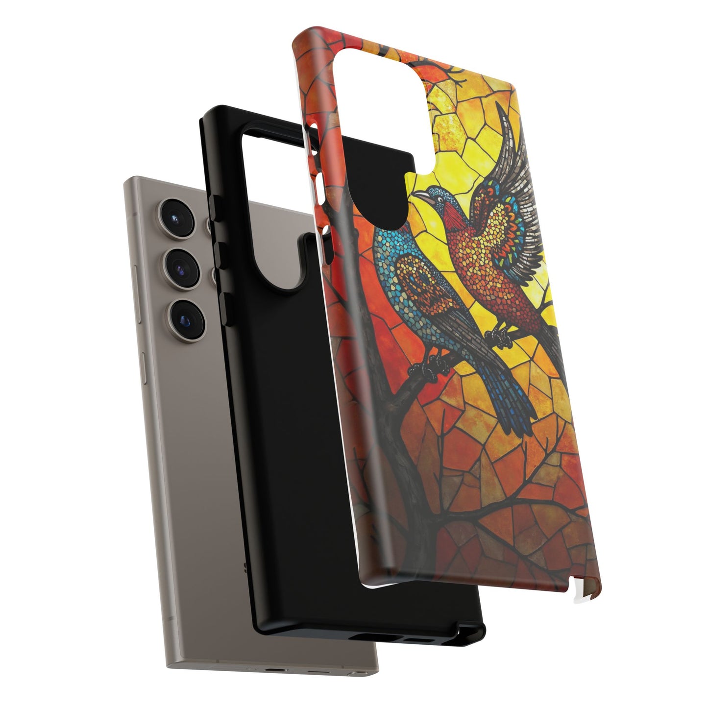 Vibrant Hummingbirds with Stained Glass Charm
