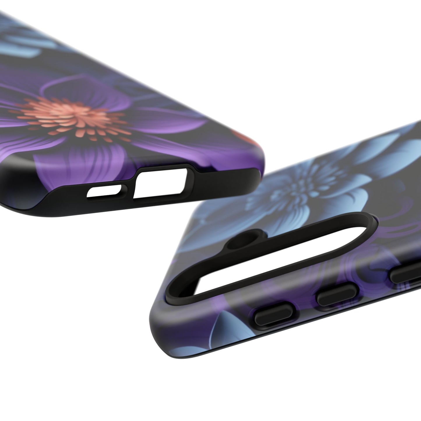 3D Floral Elegance Mobile Case – Midnight Blue & Purple Bloom