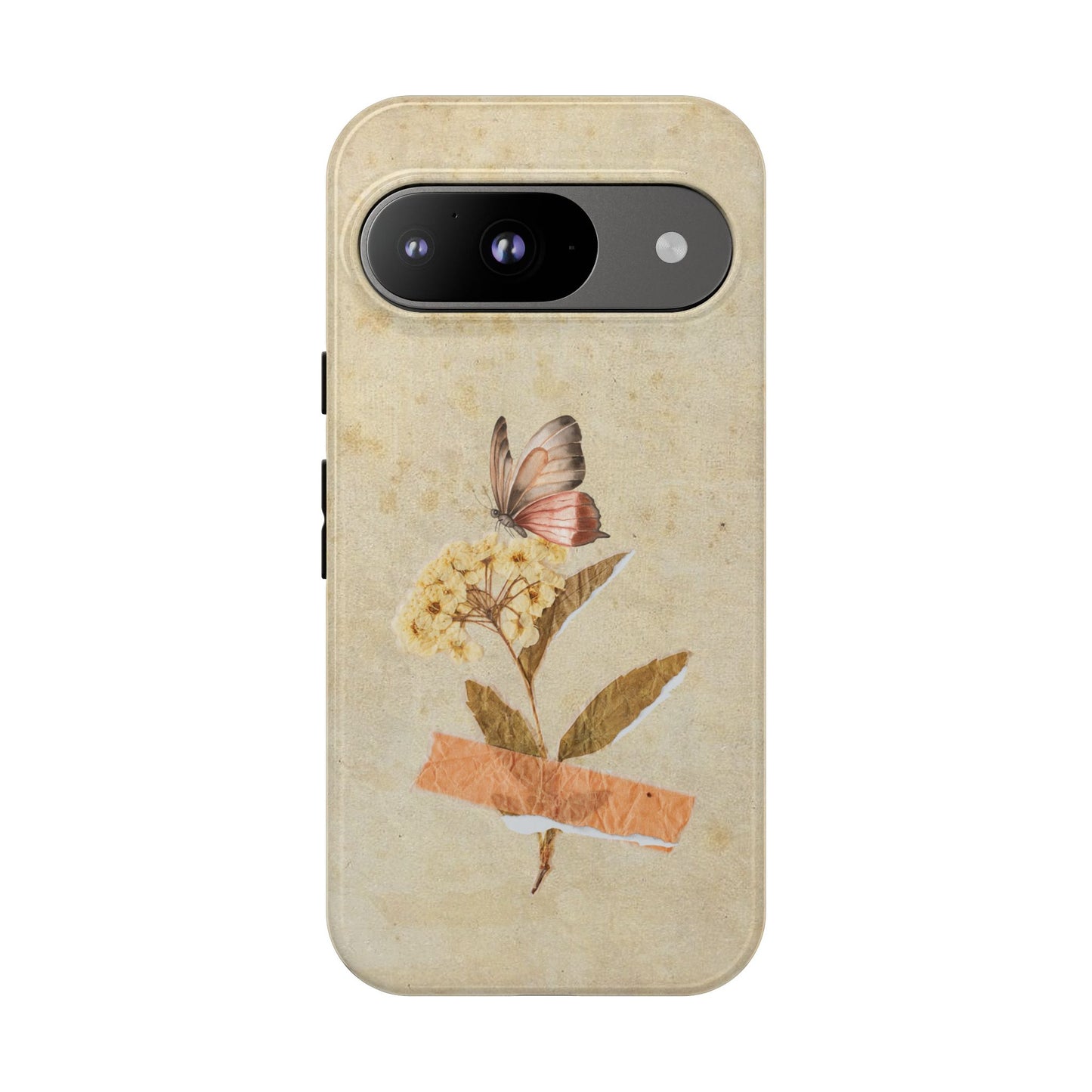 Minimal Vintage Floral Phone Case – Yellow Flower & Butterfly on Beige | For iPhone, Samsung & Google Pixel