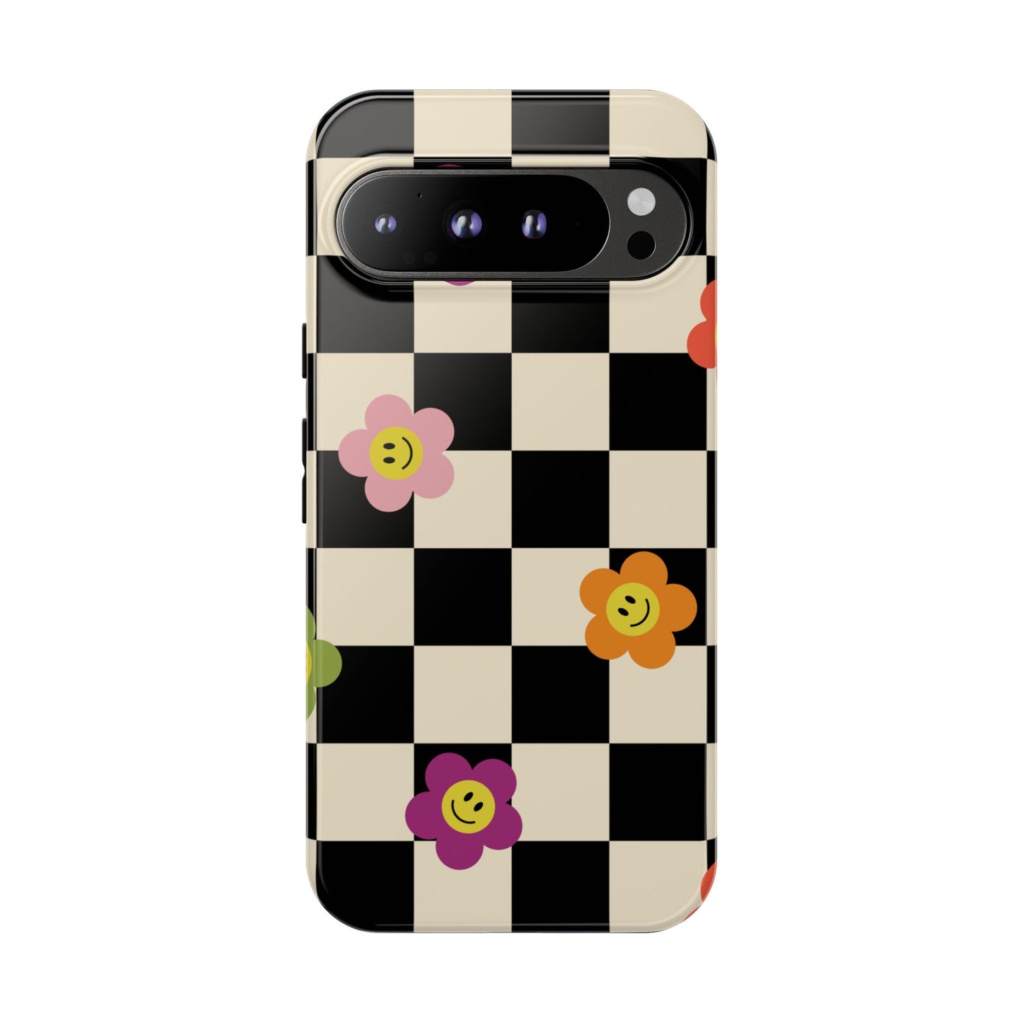Retro Floral Phone Case – Vintage Flowers on Black & Beige Tiles, Chess Phone Case | For iPhone, Samsung & Google Pixel