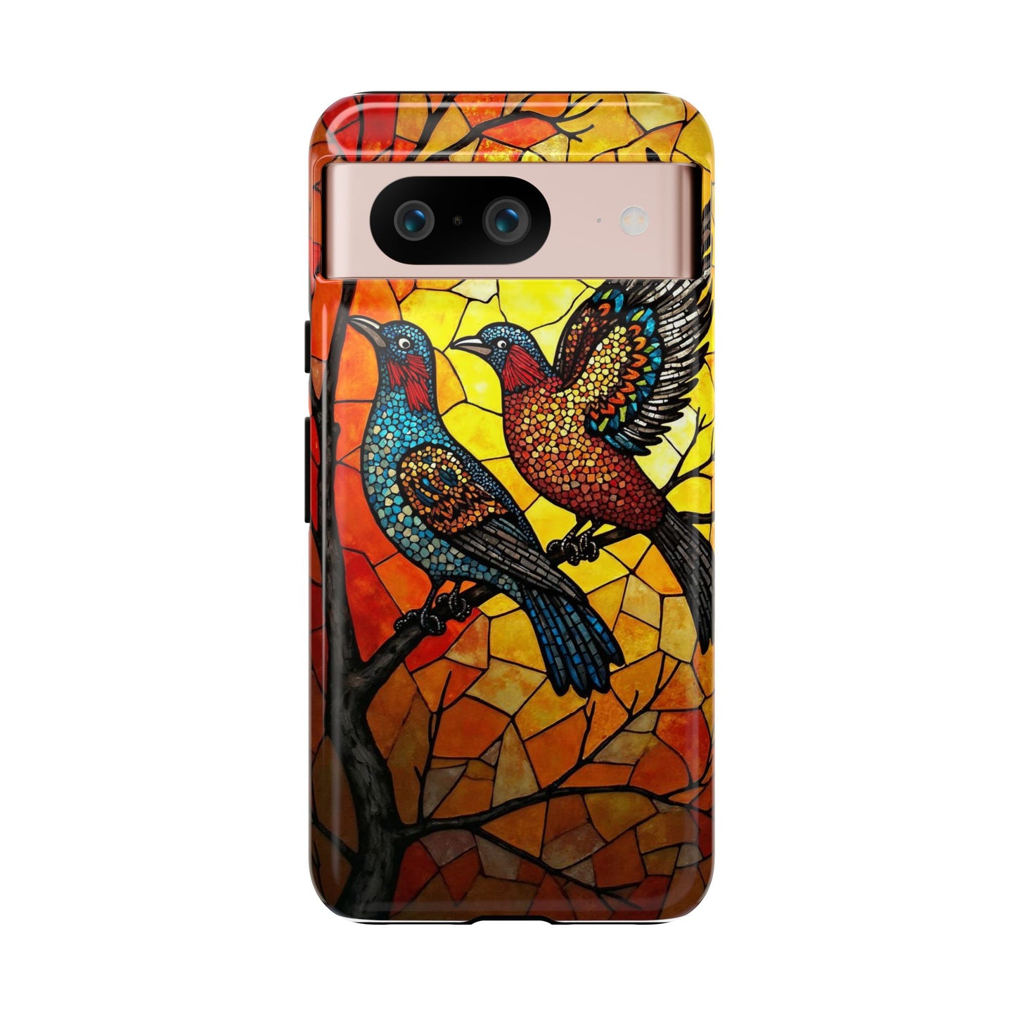 Vibrant Hummingbirds with Stained Glass Charm