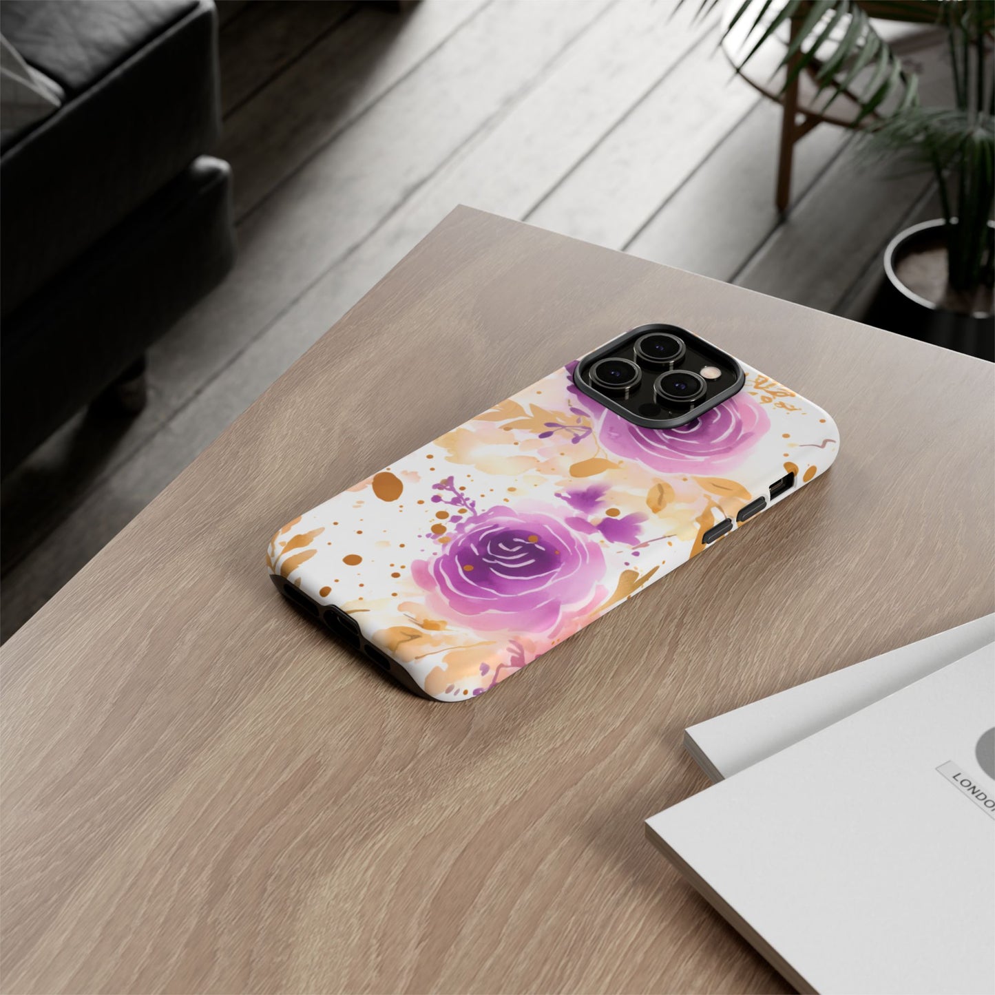 Purple Bloom Watercolor Mobile Case – Artistic Elegance in Gold & Lilac