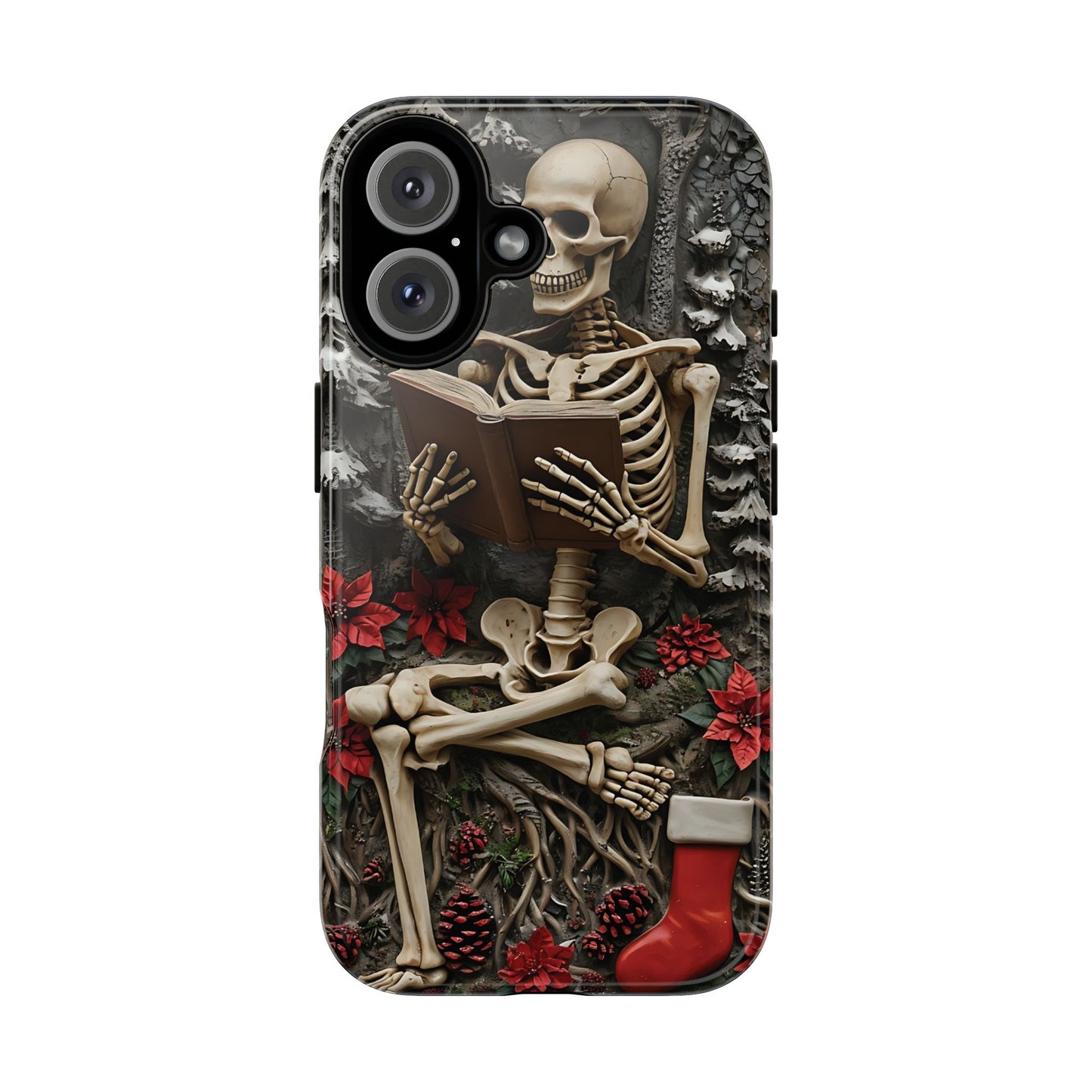 Surreal Relief Sculpture of Skeleton Reading Amidst Festive Decor phone case design