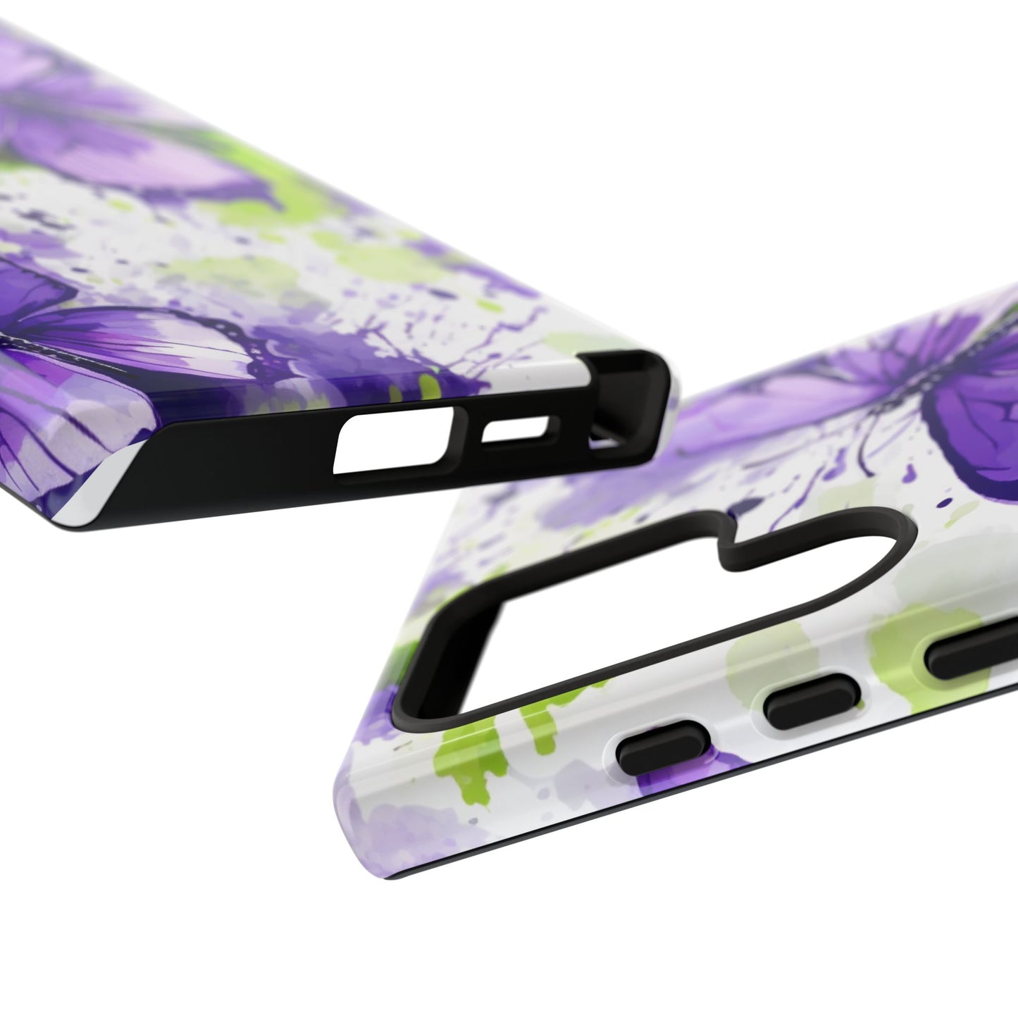 Vibrant Purple Butterfly Splash Mobile Cover – Artistic Green & Violet Aesthetic