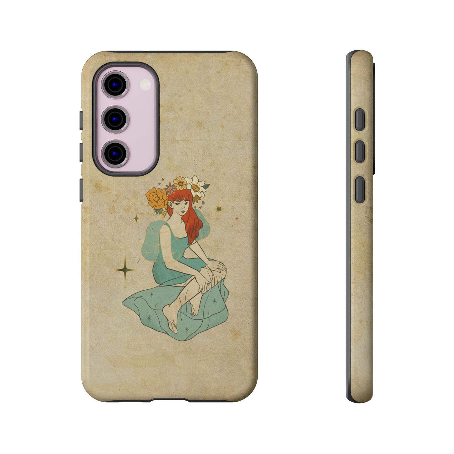 Vintage Aesthetic Phone Case – Cute Girl with Flower Crown | Minimal Beige Cover for iPhone, Samsung & Pixel