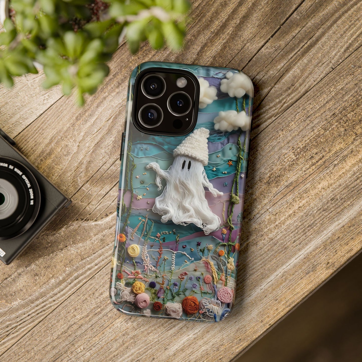 Whimsical Ghost Surrounded By Vibrant Embroidered Flowers phone case design.