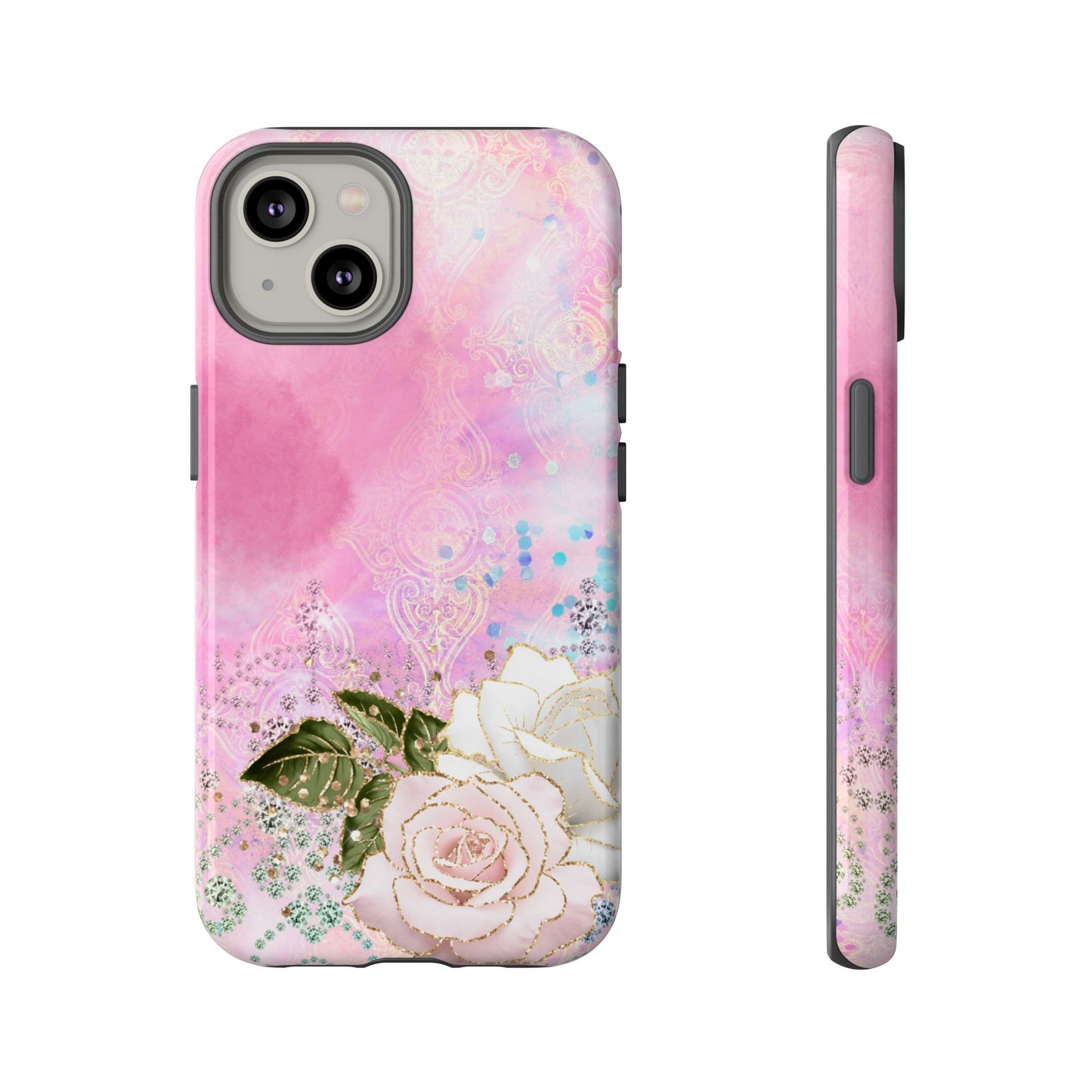 Luxury Pink & White Rose Glitter Mobile Case – Elegant & Shimmering Design