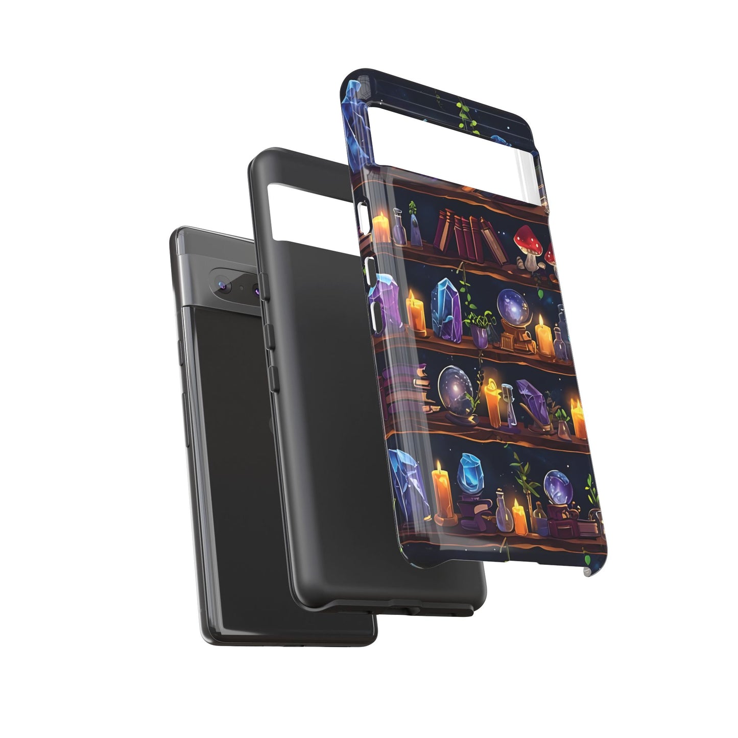Fantasy Seamless Pattern Of Wooden Shelves Filled With Mystical Items phone case design.