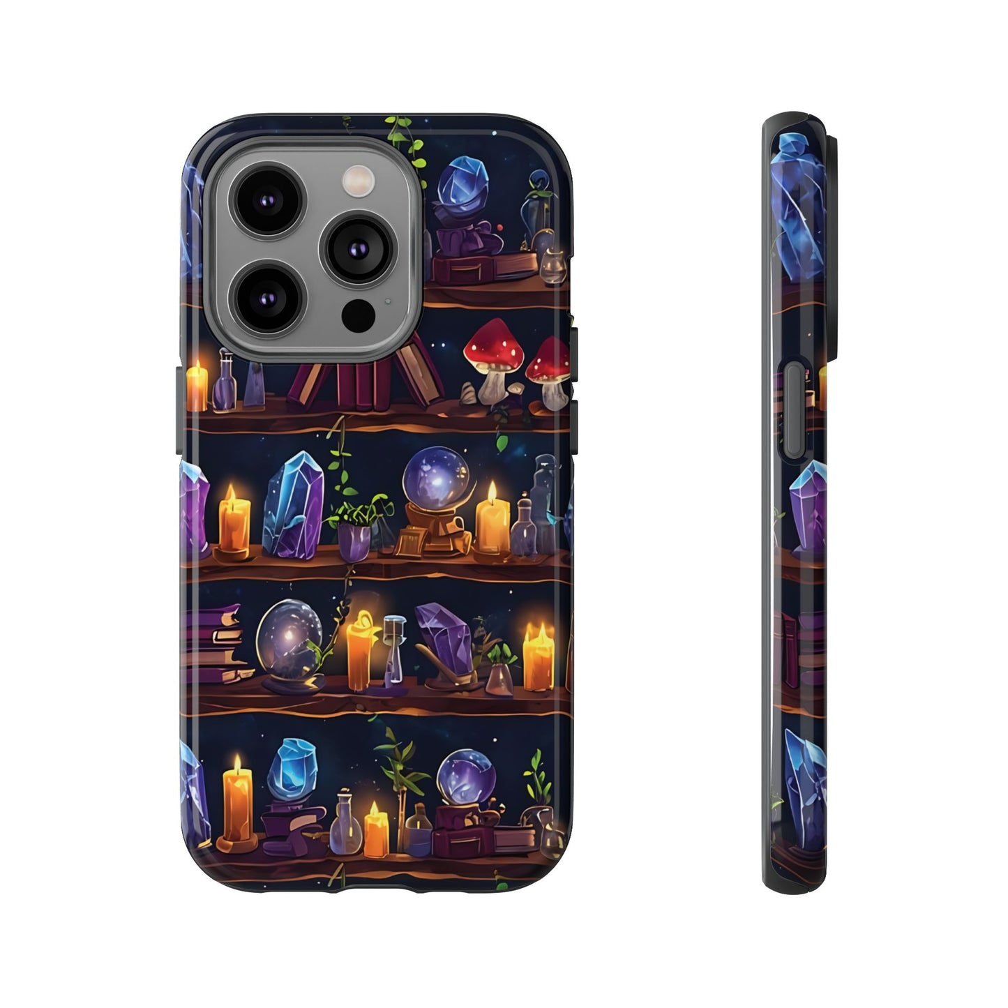 Fantasy Seamless Pattern Of Wooden Shelves Filled With Mystical Items phone case design.