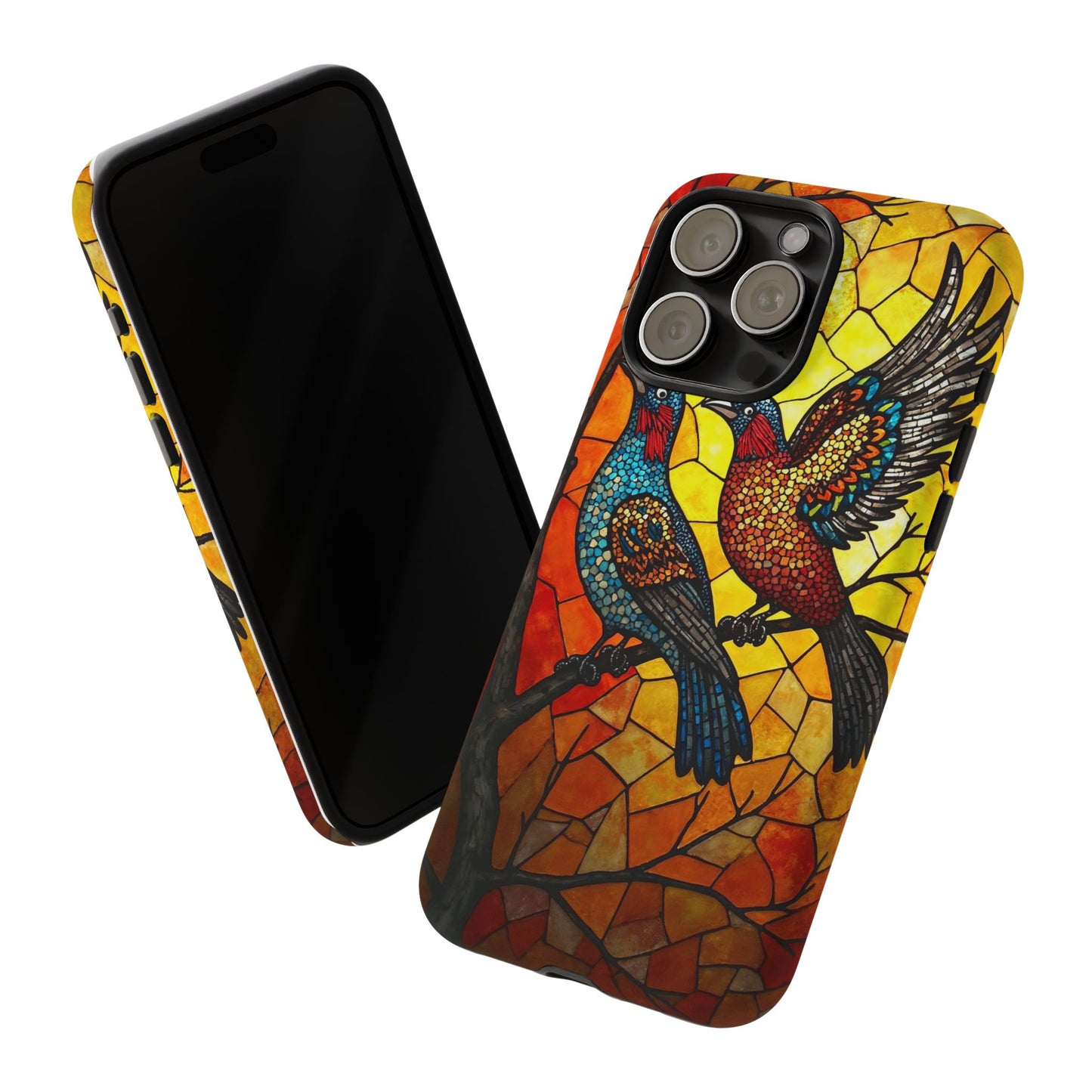 Vibrant Hummingbirds with Stained Glass Charm