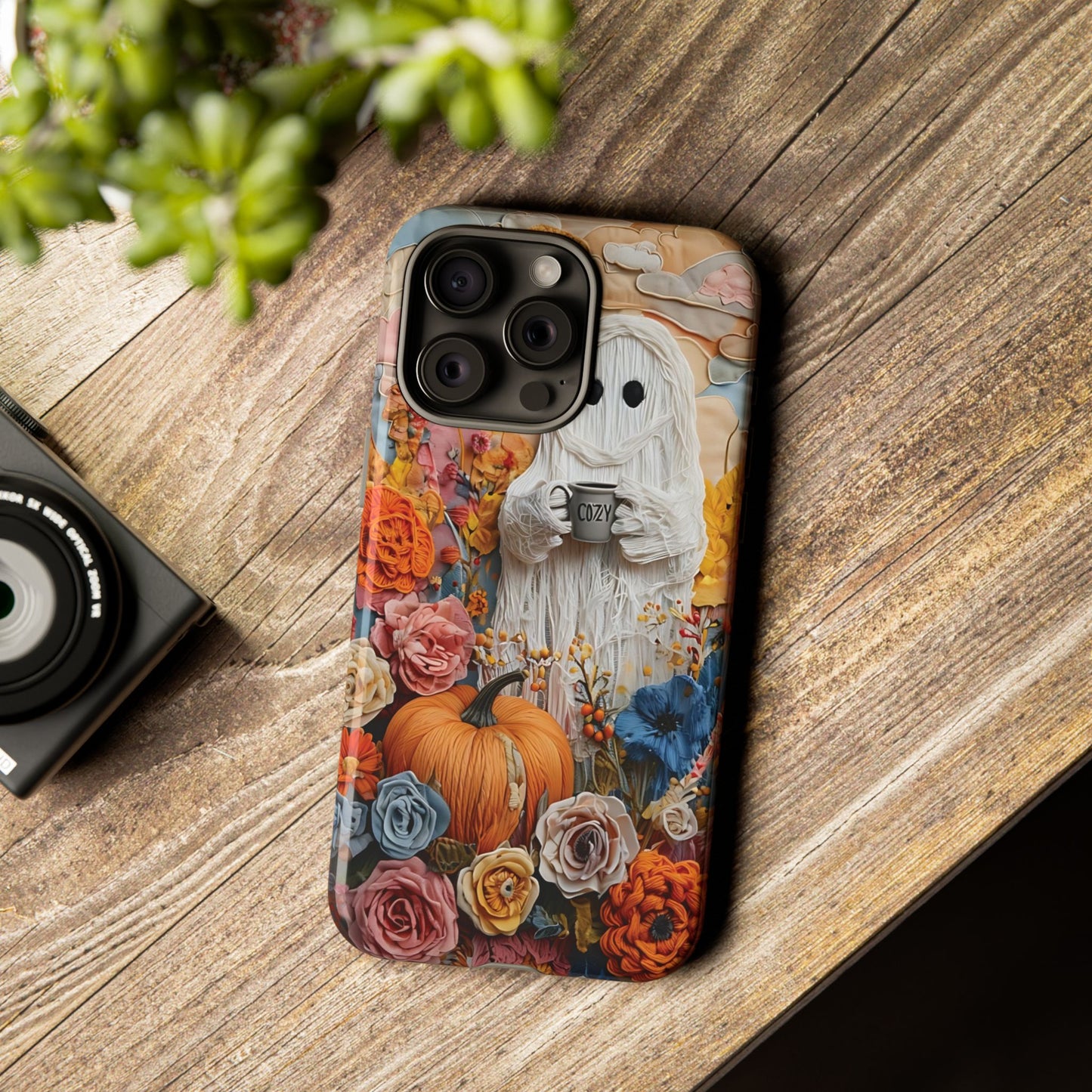 Colorful Whimsical Artwork of Ghost in Autumn Scene phone case design.