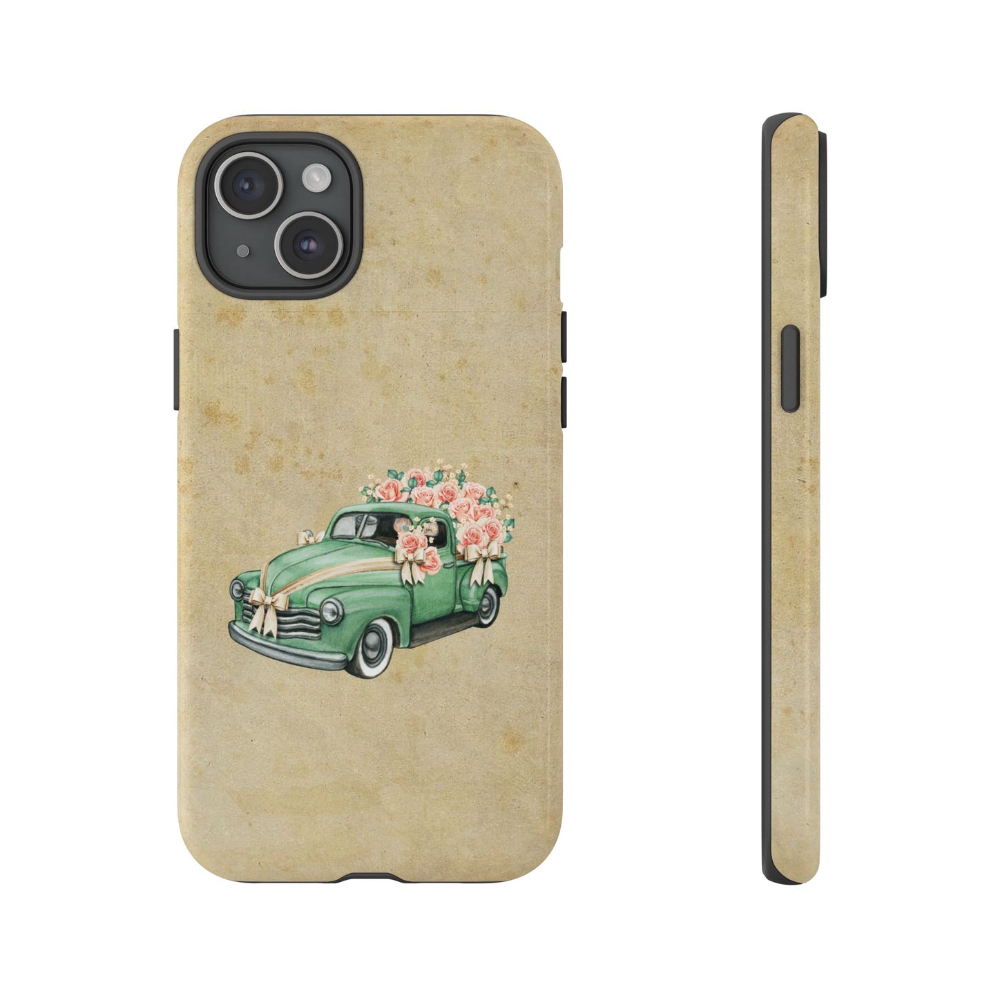 Minimal Vintage Floral Car Phone Case – Green Classic Car on Beige Background – for iPhone, Samsung & Google Pixel