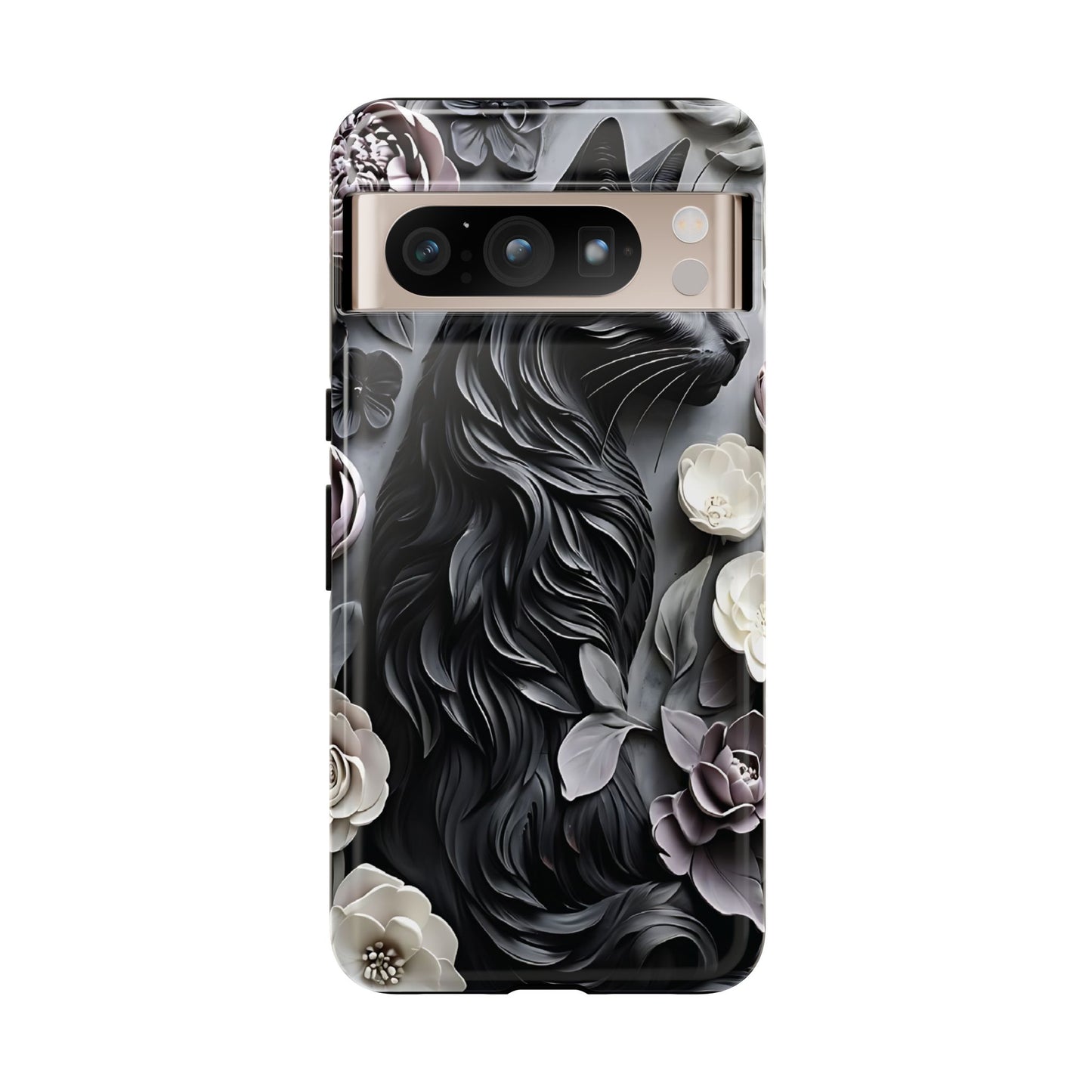Intricate Bas-Relief Sculpture Of Black Cat Among Flowers phone case design