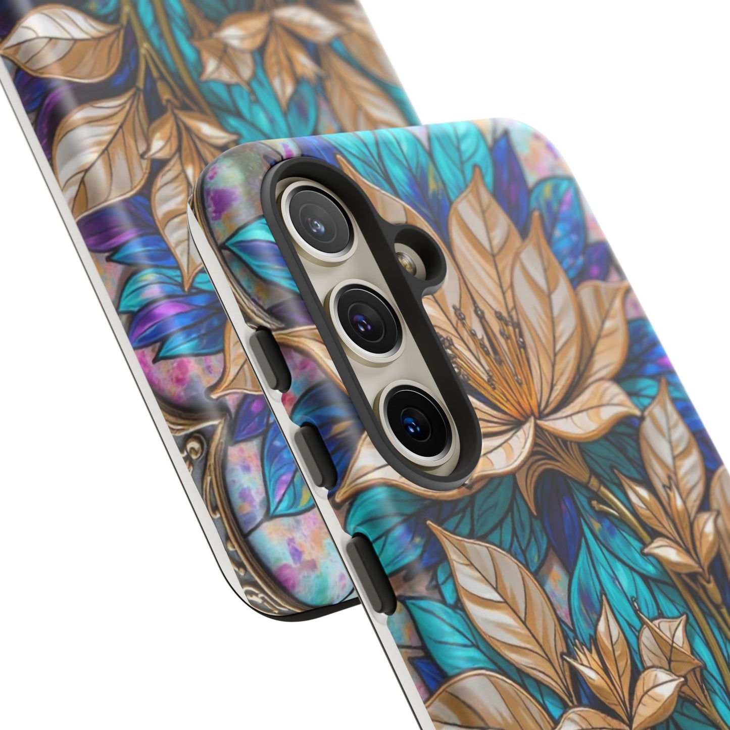 Majestic Golden Blossoms on Mosaic Blue Splendor