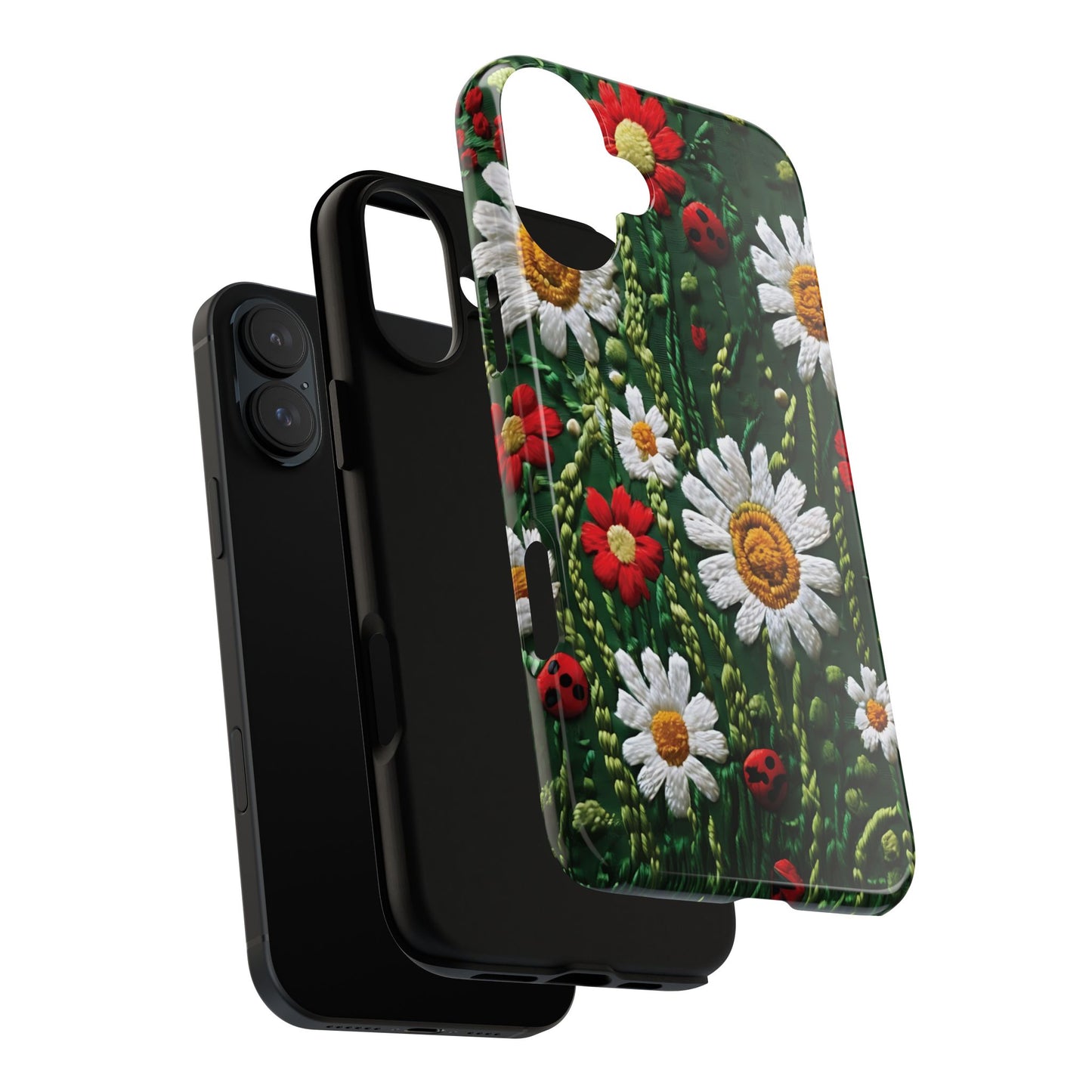Intricate Embroidered Fabric Featuring Daisies And Ladybugs phone case design