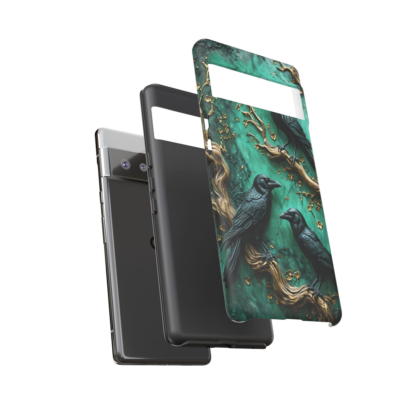 Three Black Ravens Perched On Gold-Accent Branches phone case design