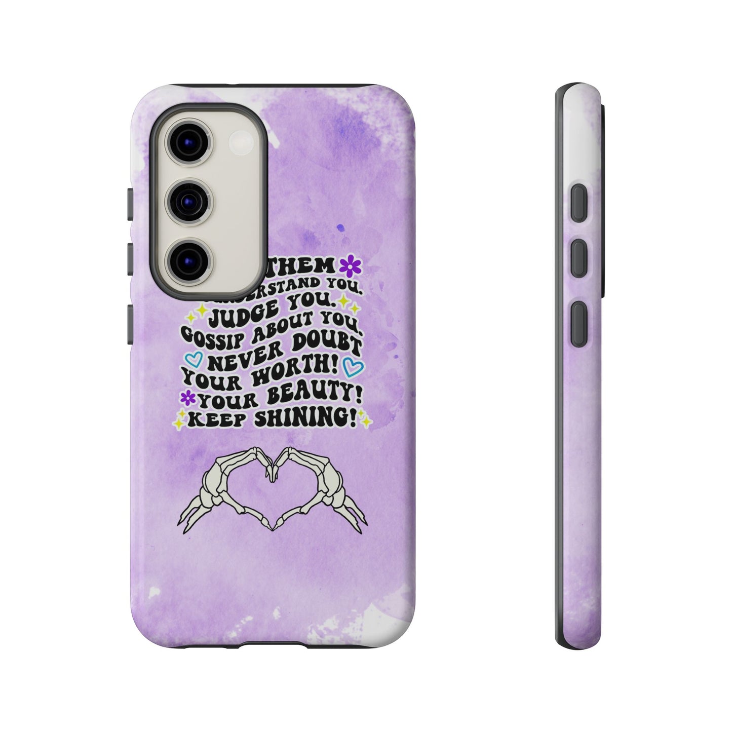 Skeleton Hand Heart Phone Case, Let Them Misunderstand You, Judge You, Gossip About You, Never Doubt Your Worth, Your Beauty Keep Shining Phone Case, Motivational Quote Cover for iPhone, Samsung & Google Pixel White Peach Checkered Pattern Phone Cover