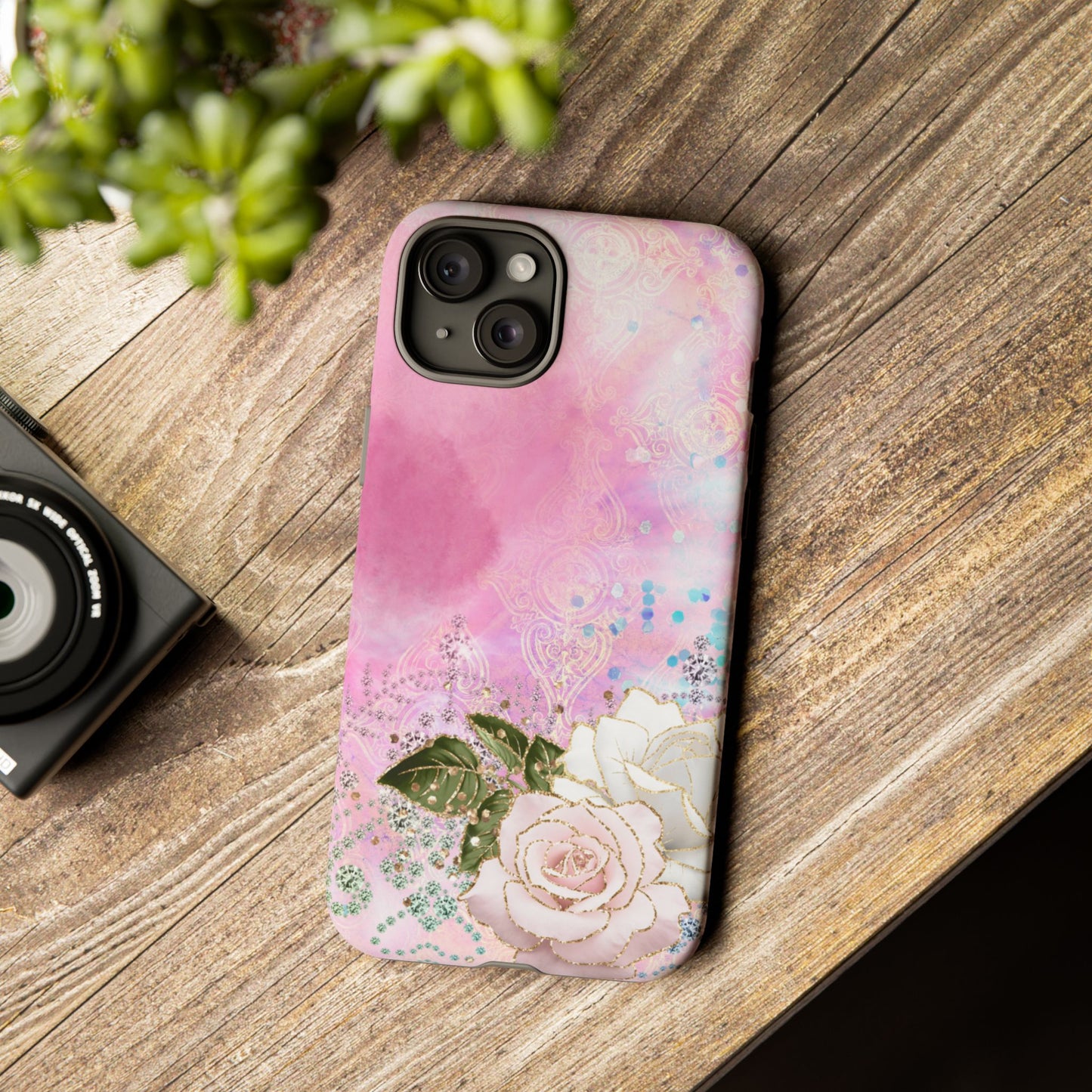 Luxury Pink & White Rose Glitter Mobile Case – Elegant & Shimmering Design
