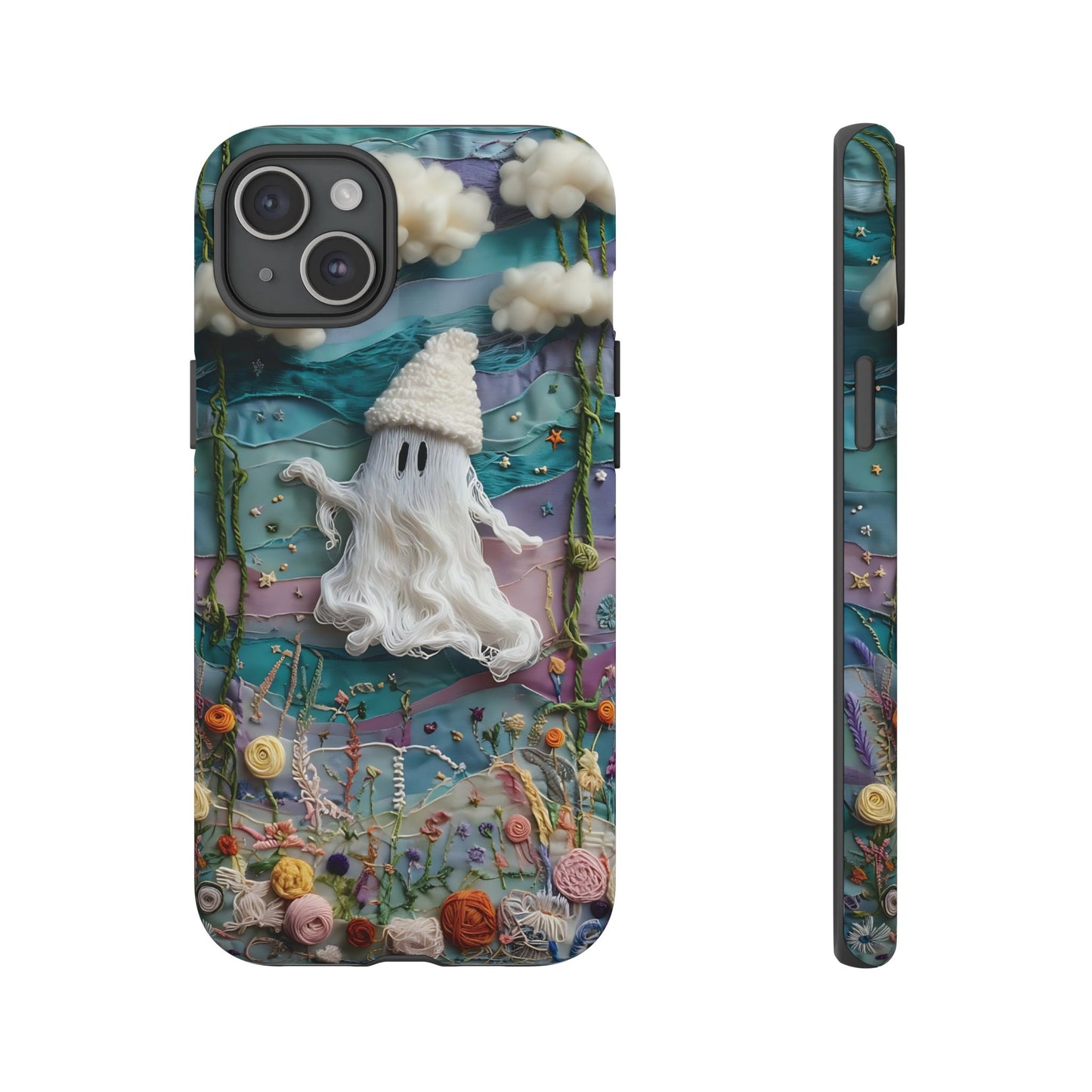 Whimsical Ghost Surrounded By Vibrant Embroidered Flowers phone case design.