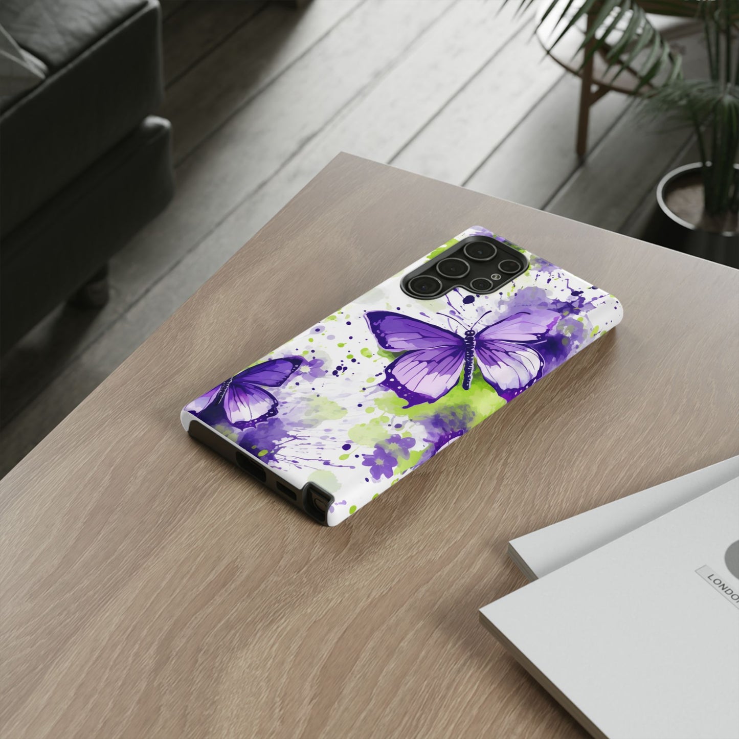 Vibrant Purple Butterfly Splash Mobile Cover – Artistic Green & Violet Aesthetic