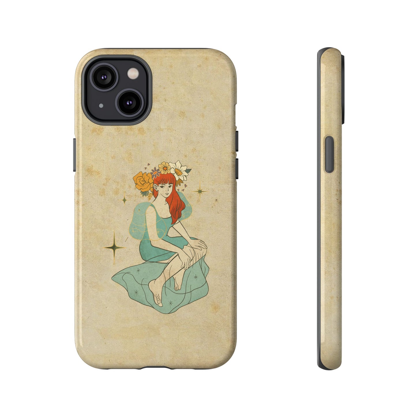 Vintage Aesthetic Phone Case – Cute Girl with Flower Crown | Minimal Beige Cover for iPhone, Samsung & Pixel