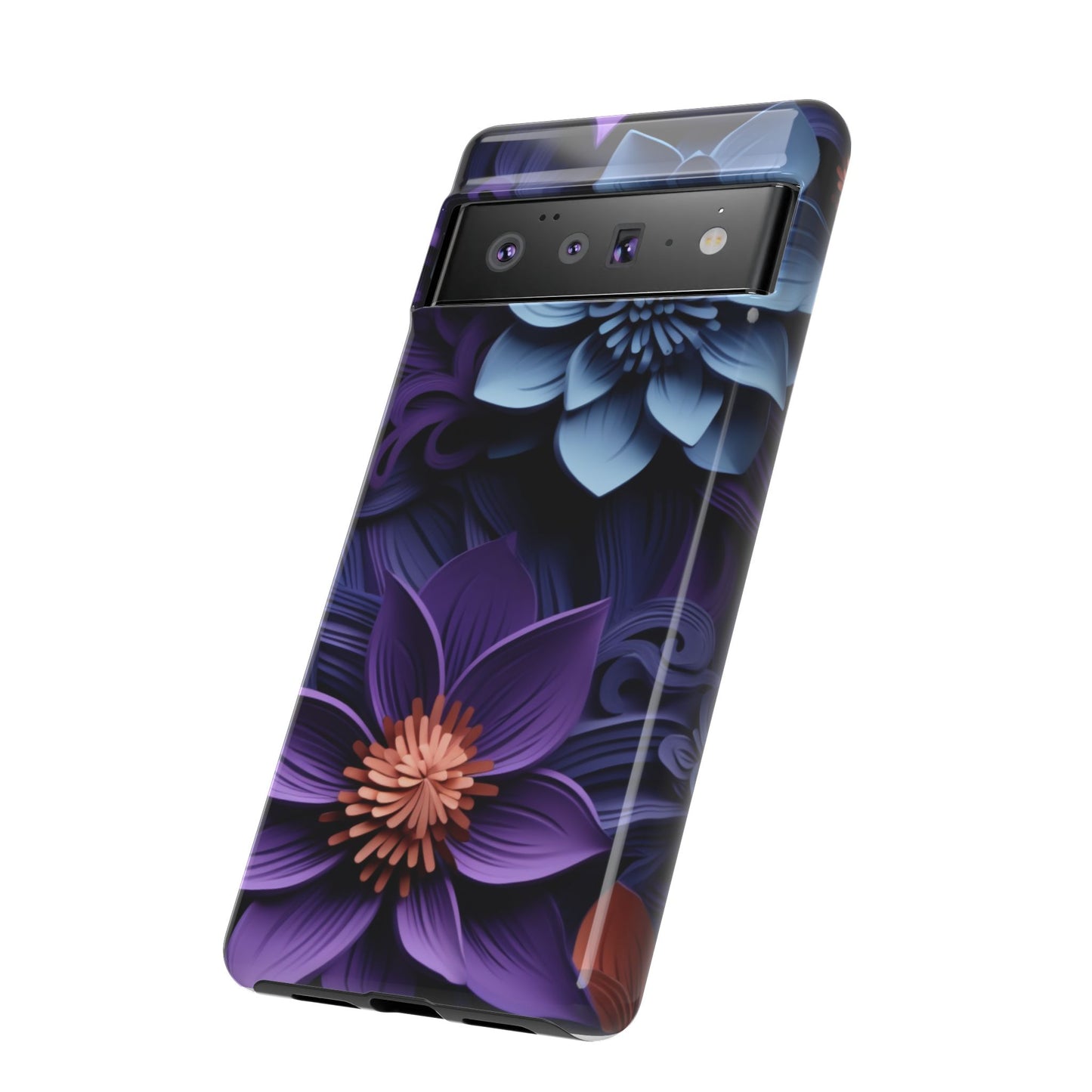 3D Floral Elegance Mobile Case – Midnight Blue & Purple Bloom