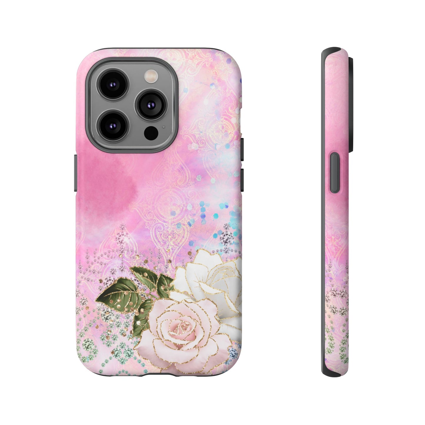 Luxury Pink & White Rose Glitter Mobile Case – Elegant & Shimmering Design