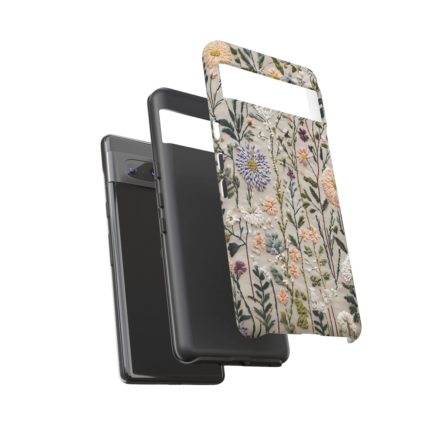 Intricate Embroidery Artwork Featuring Botanical Elements On Beige phone case design.