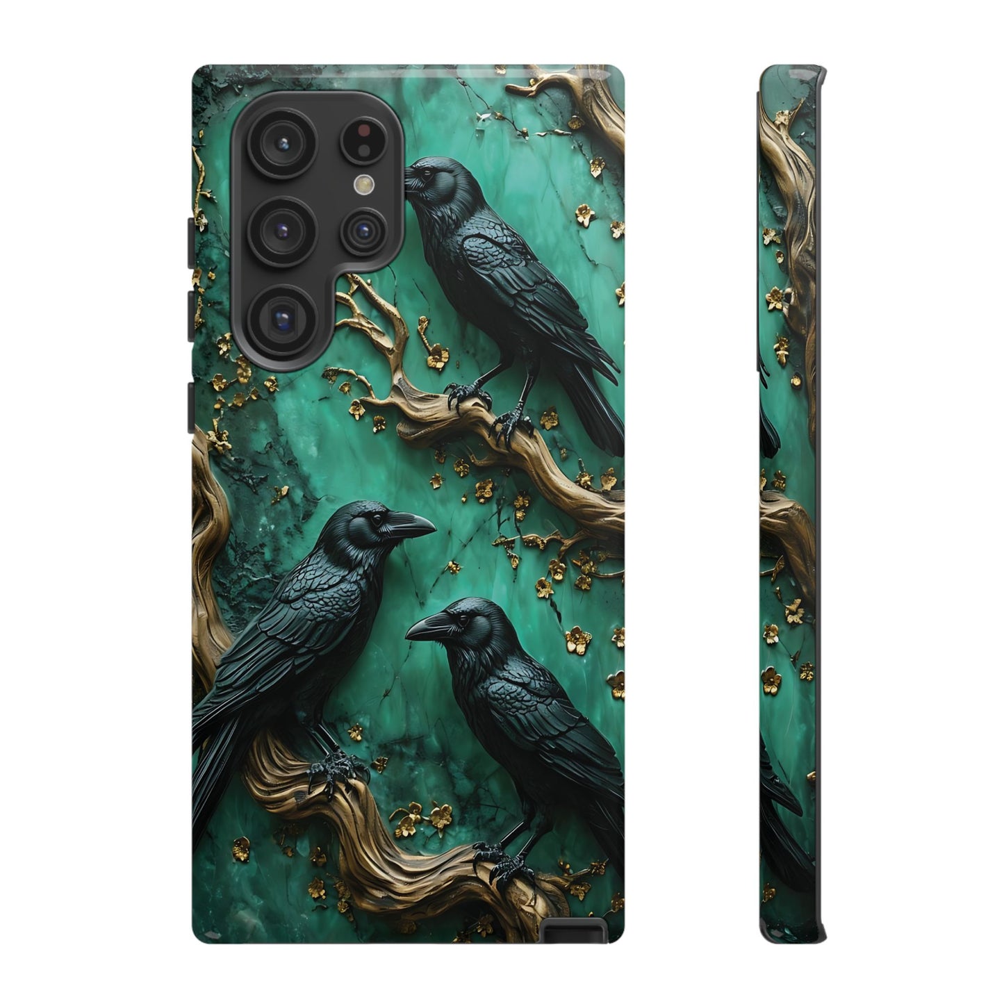 Three Black Ravens Perched On Gold-Accent Branches phone case design